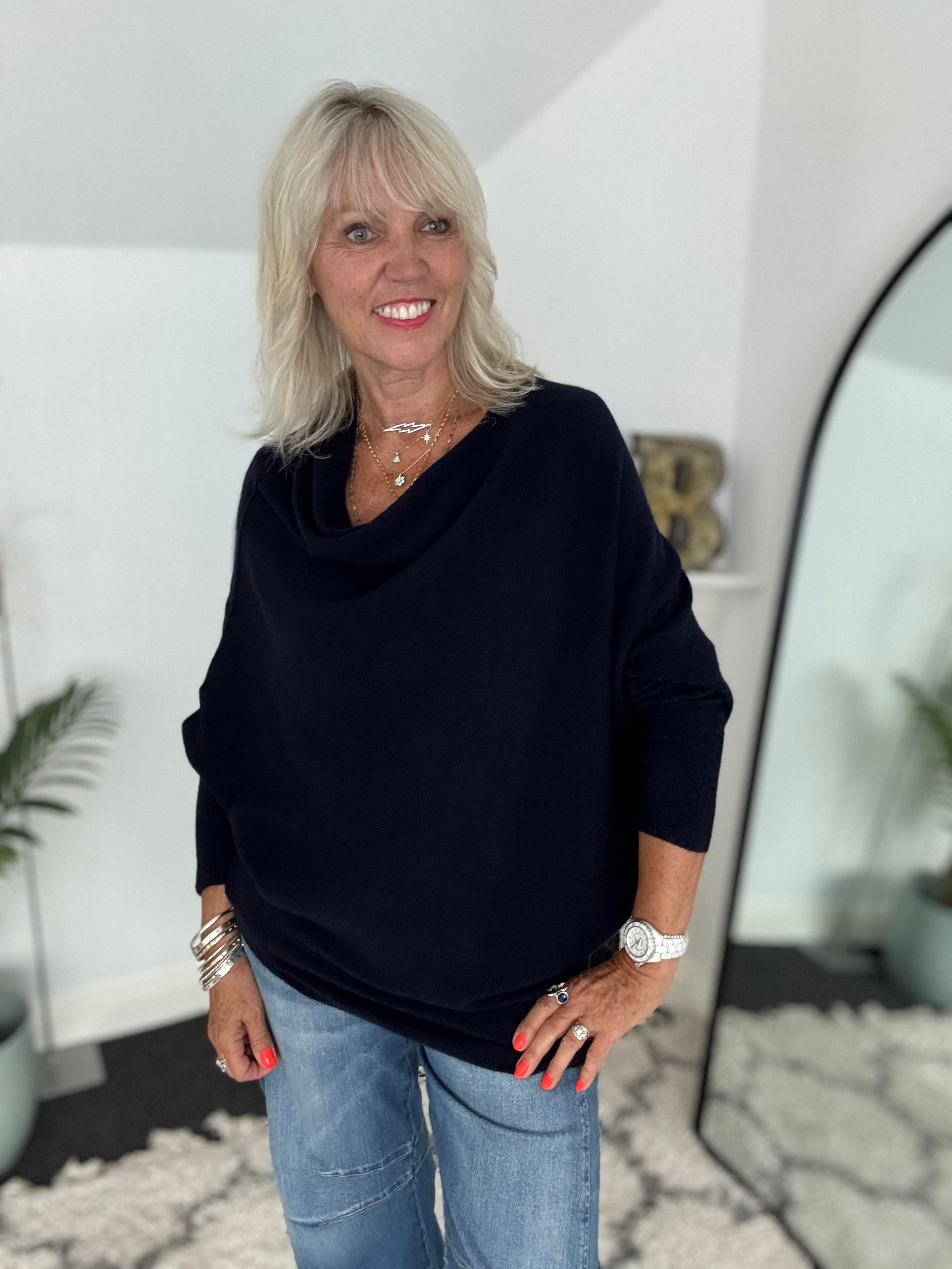 Cowl Neck Asymmetric Jumper in Ink