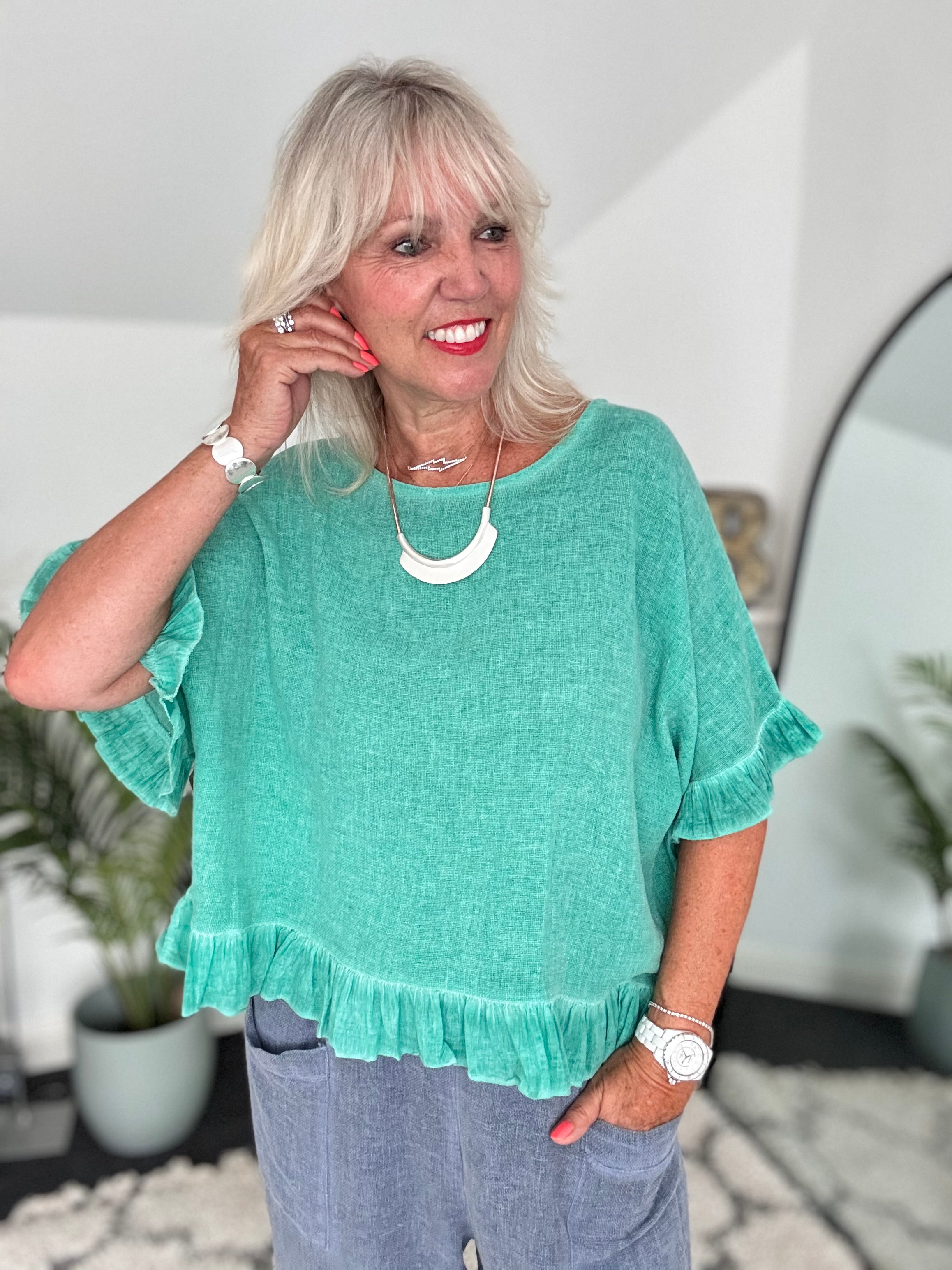 Linen & Cotton Ruffle Edge Top in Ocean Green