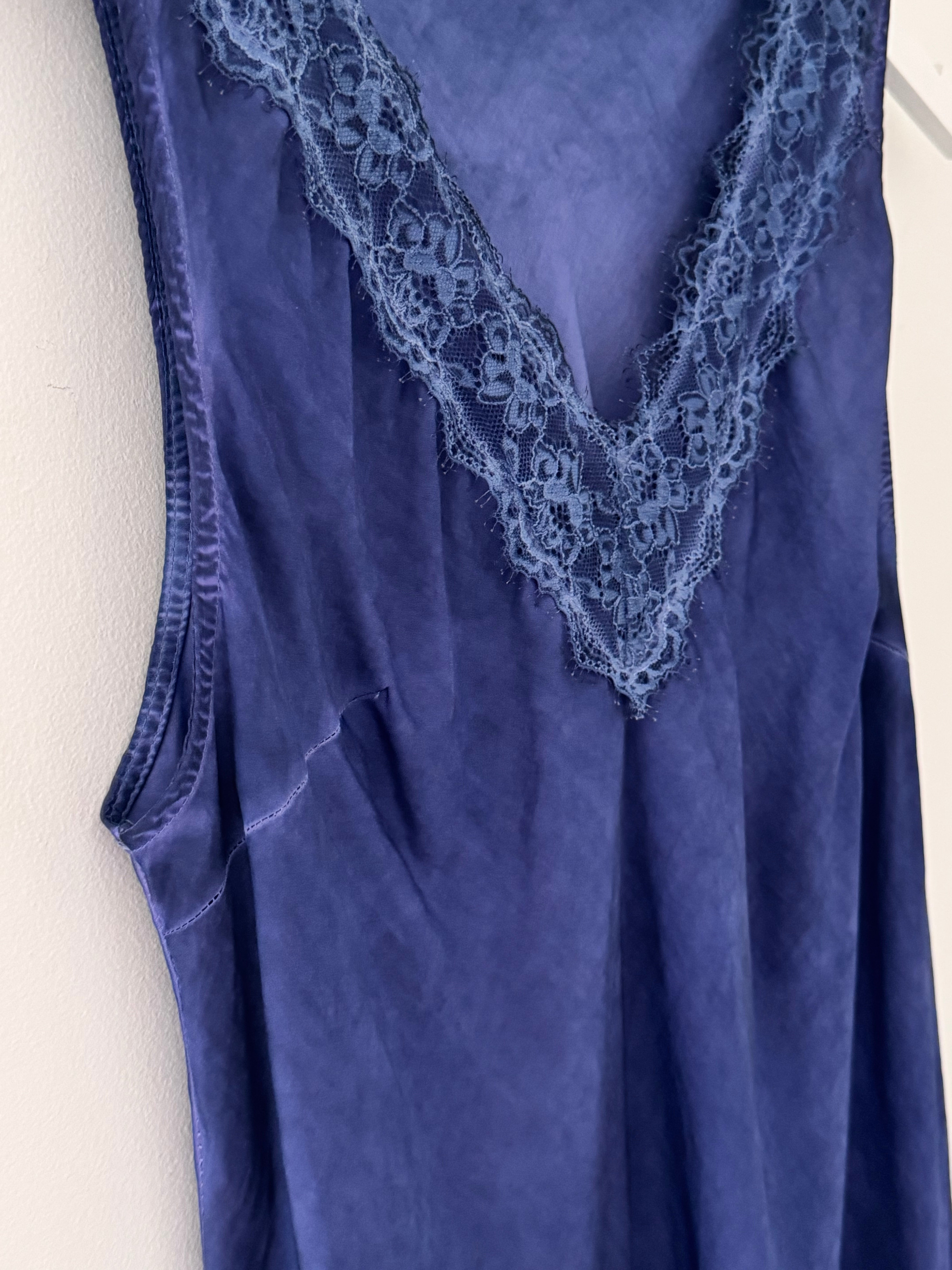 Lace Trim Silk Top in Indigo Blue
