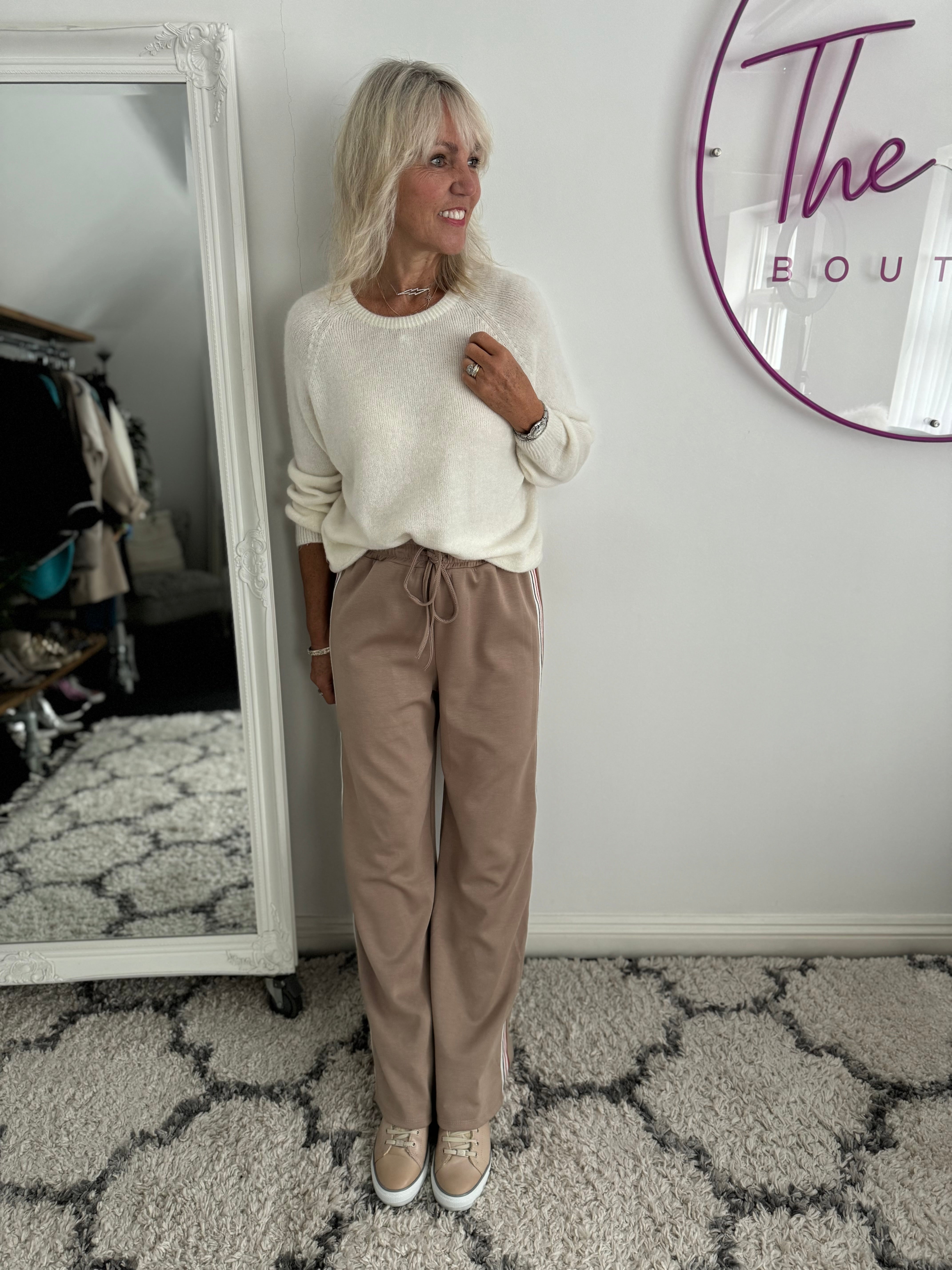 Wide Leg Jersey Trousers with Side Stripes in Mocha