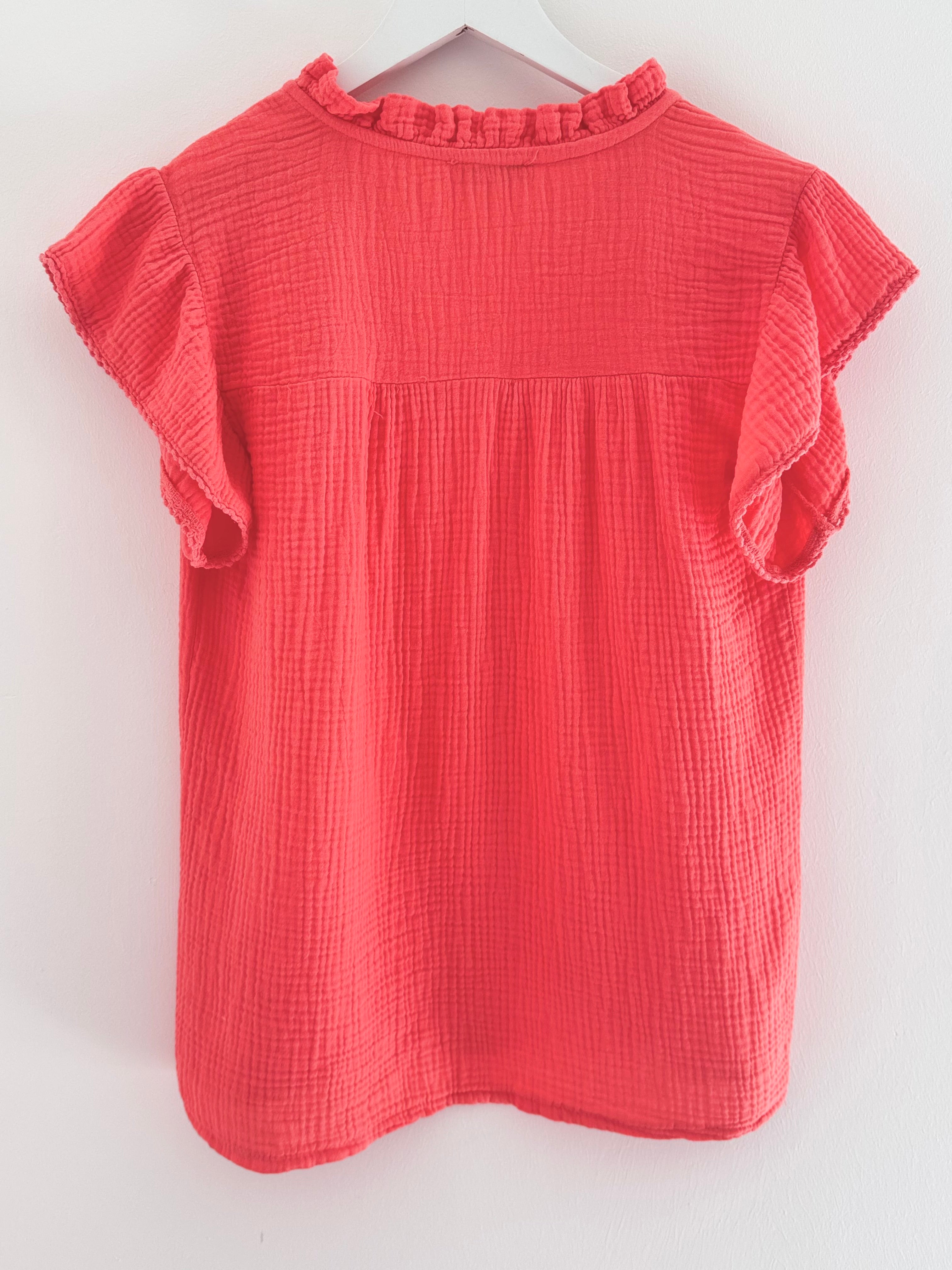 Cheesecloth Top with Ruffle Sleeves in Coral