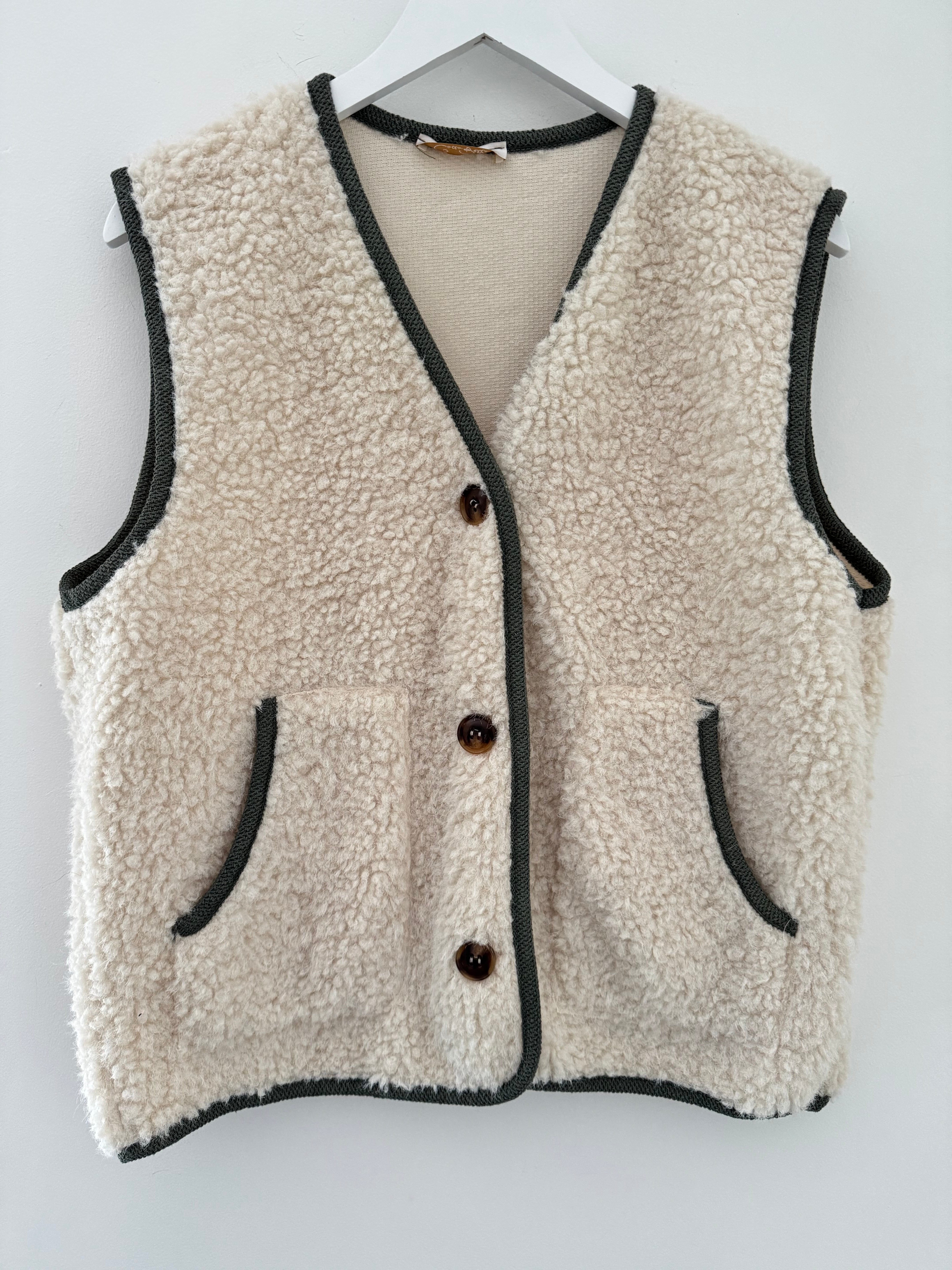 Sheepskin Borg Gilet with Khaki Trim