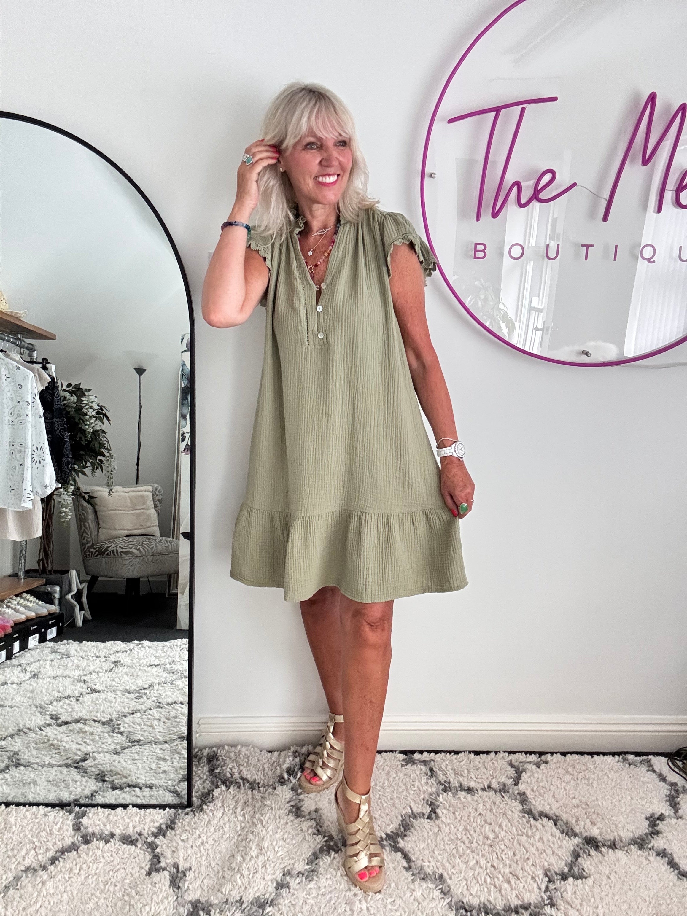 Cheesecloth Dress with Lace Edge Sleeves in Khaki