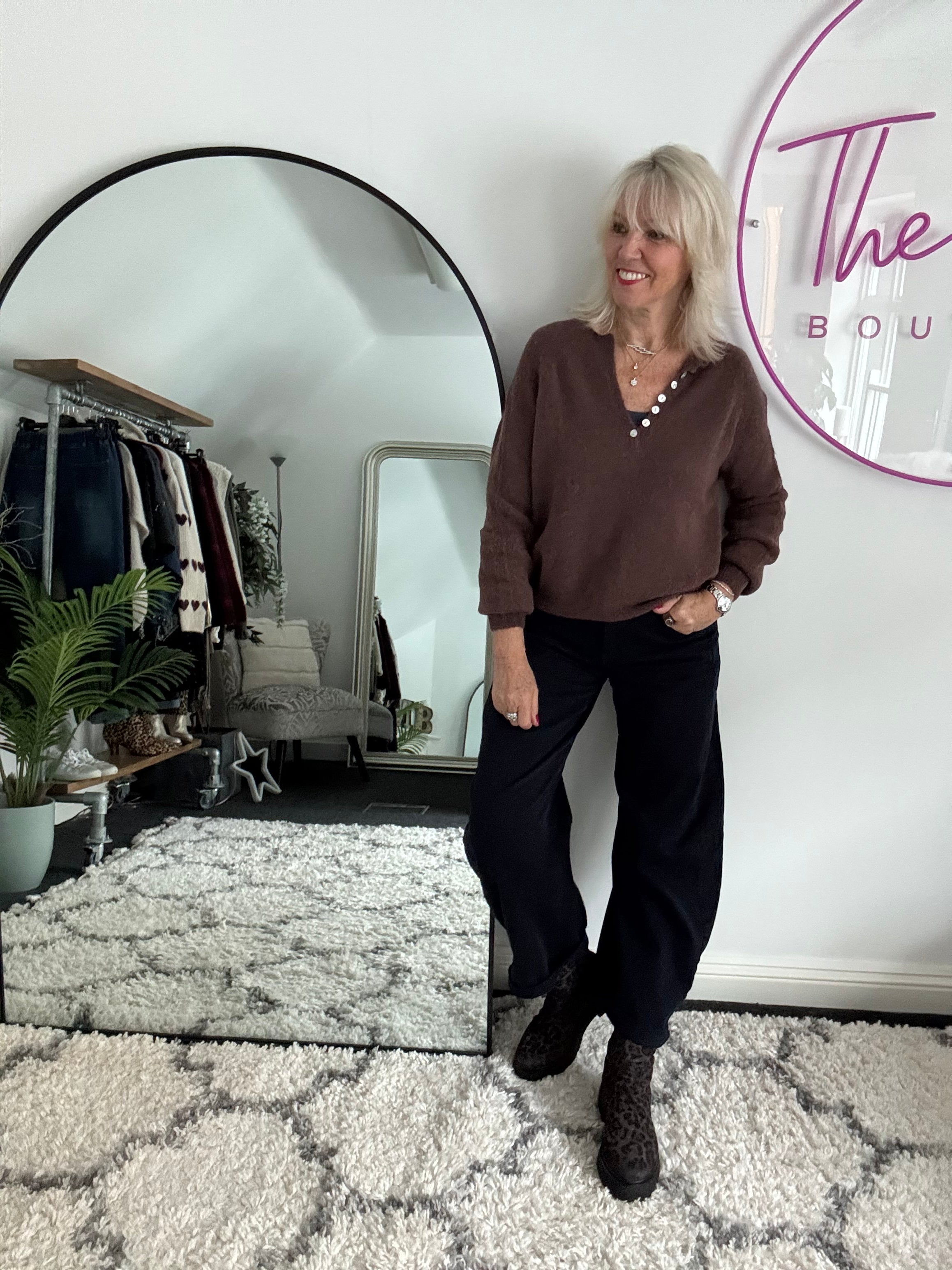 Softie Jumper with Button Neck in Chocolate