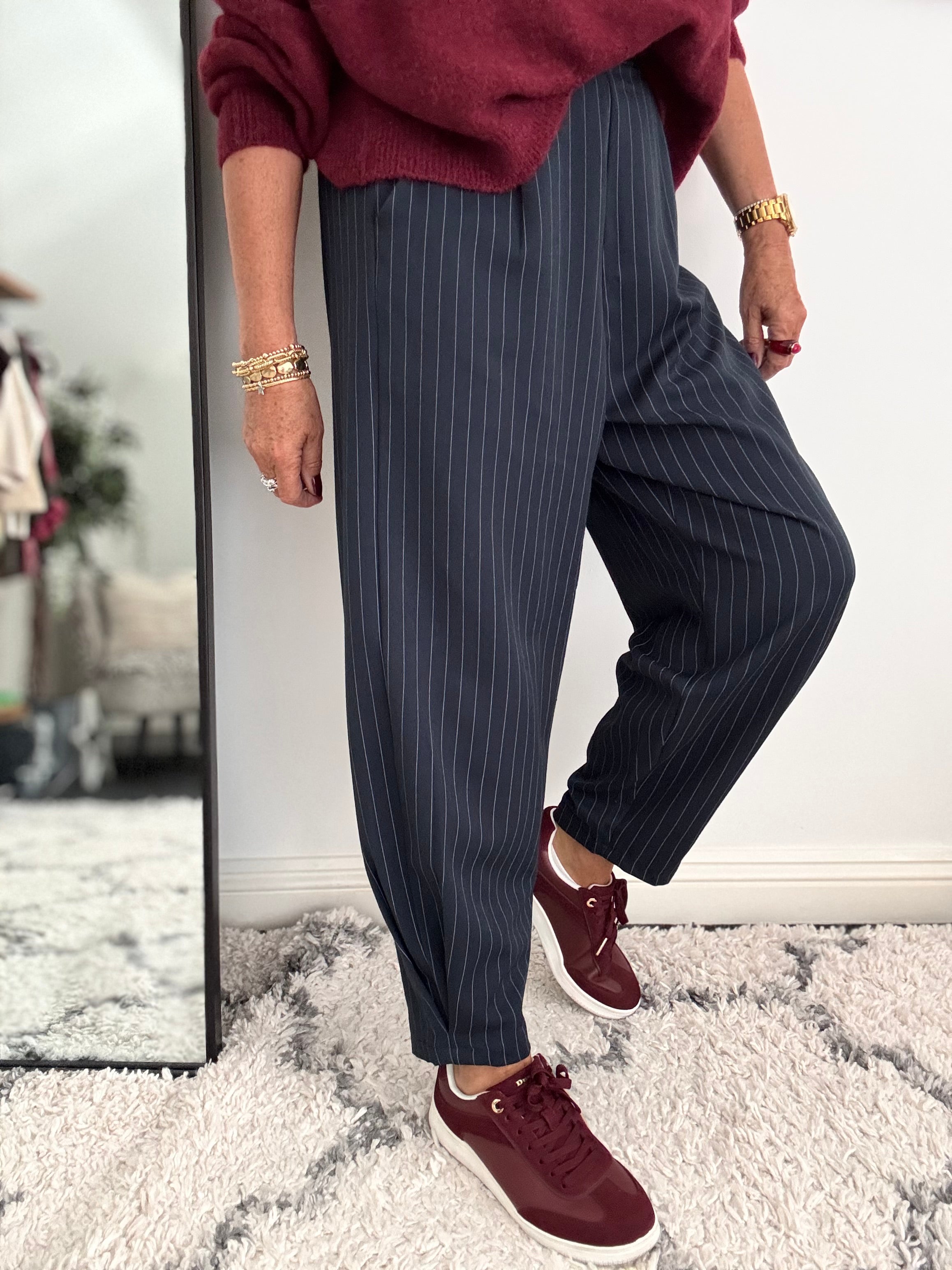 Pinstripe Barrel Leg Trousers in Navy