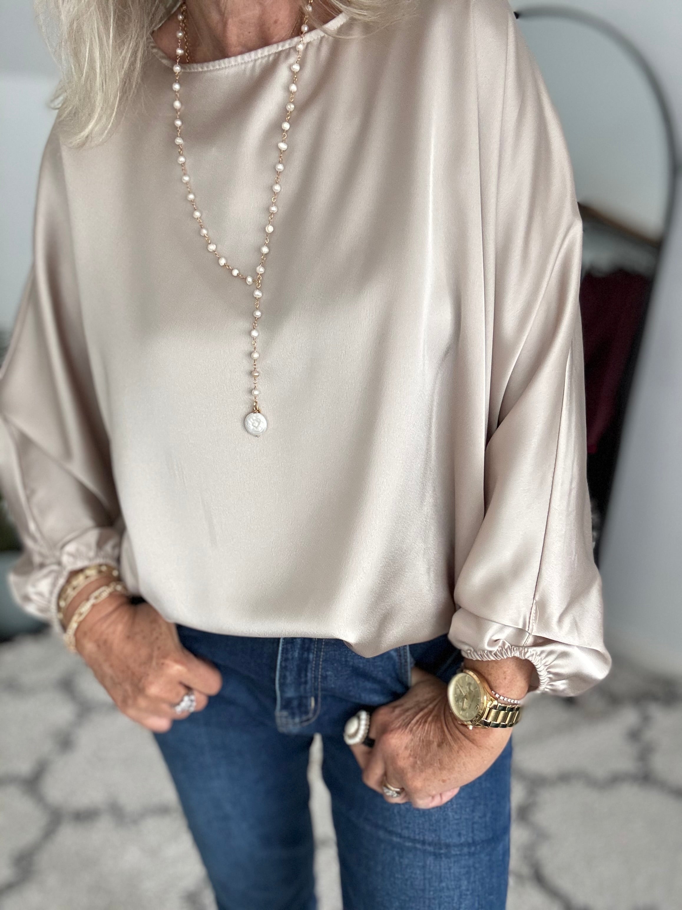 Silky Round Neck Top in Ecru