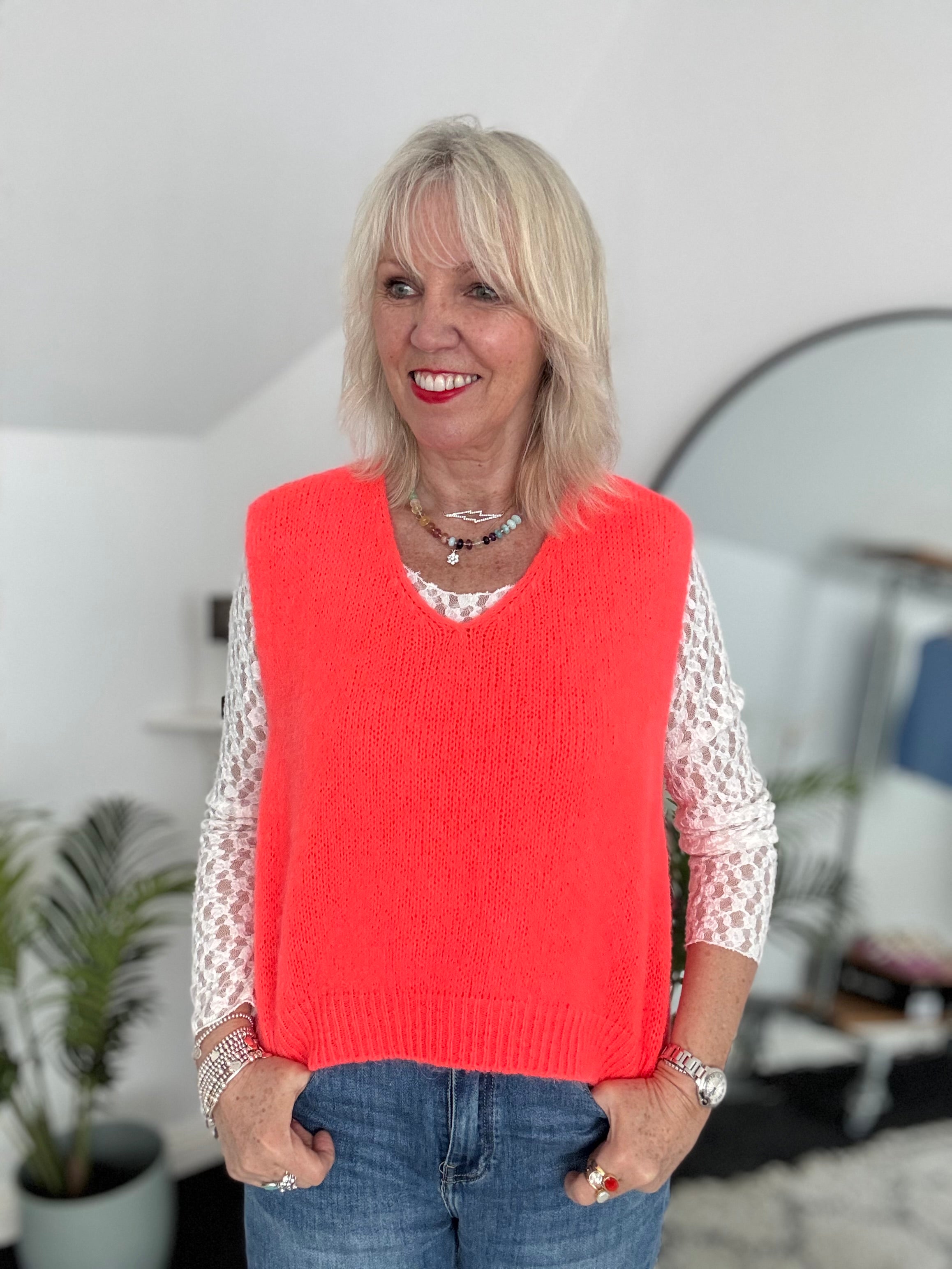 Kid Mohair Tank in Neon Coral