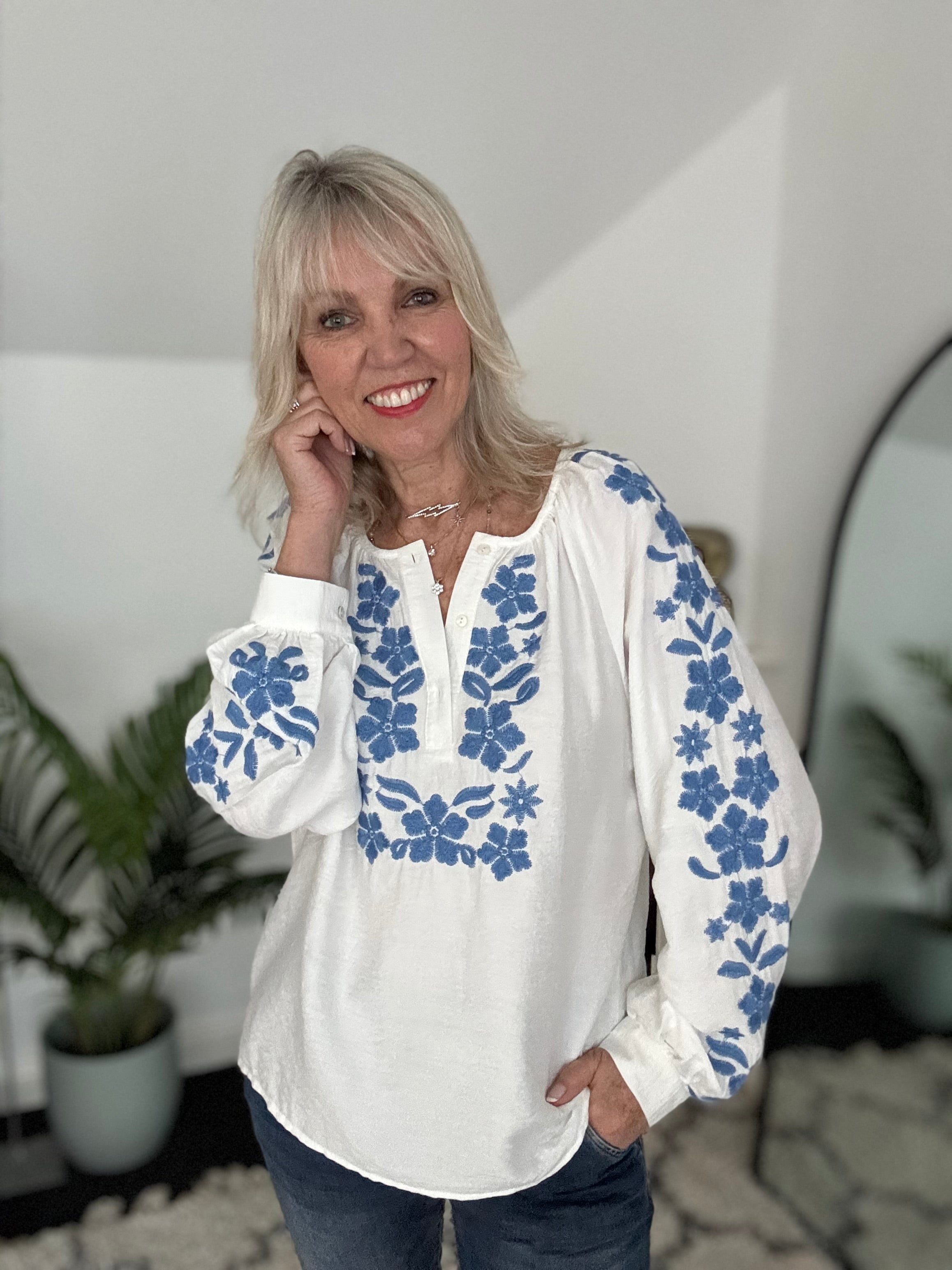 Embroidered Blouse in White & Blue