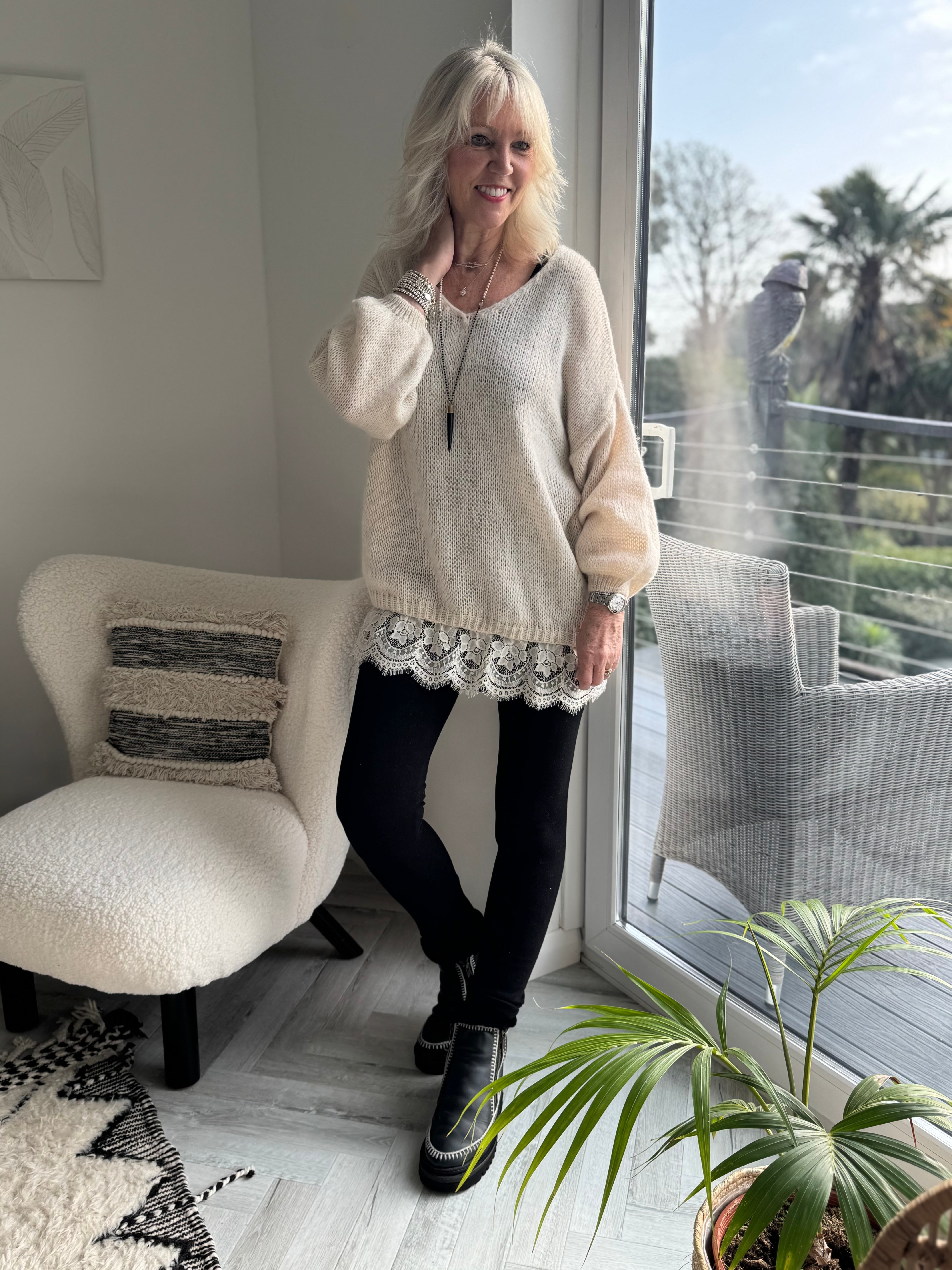 Soft Jumper with Lace Hem in Stone