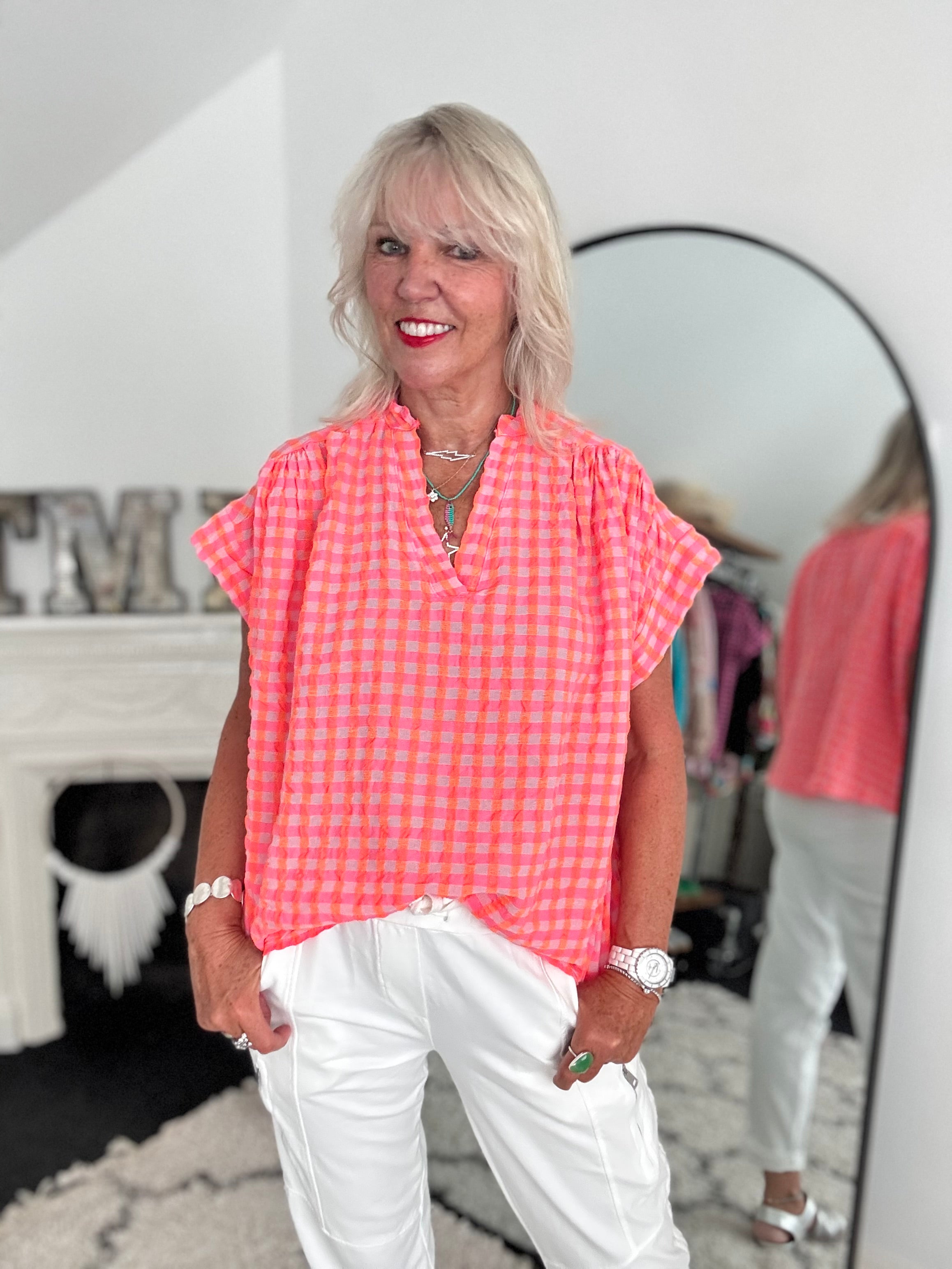 Check Top in Neon Pink & Orange