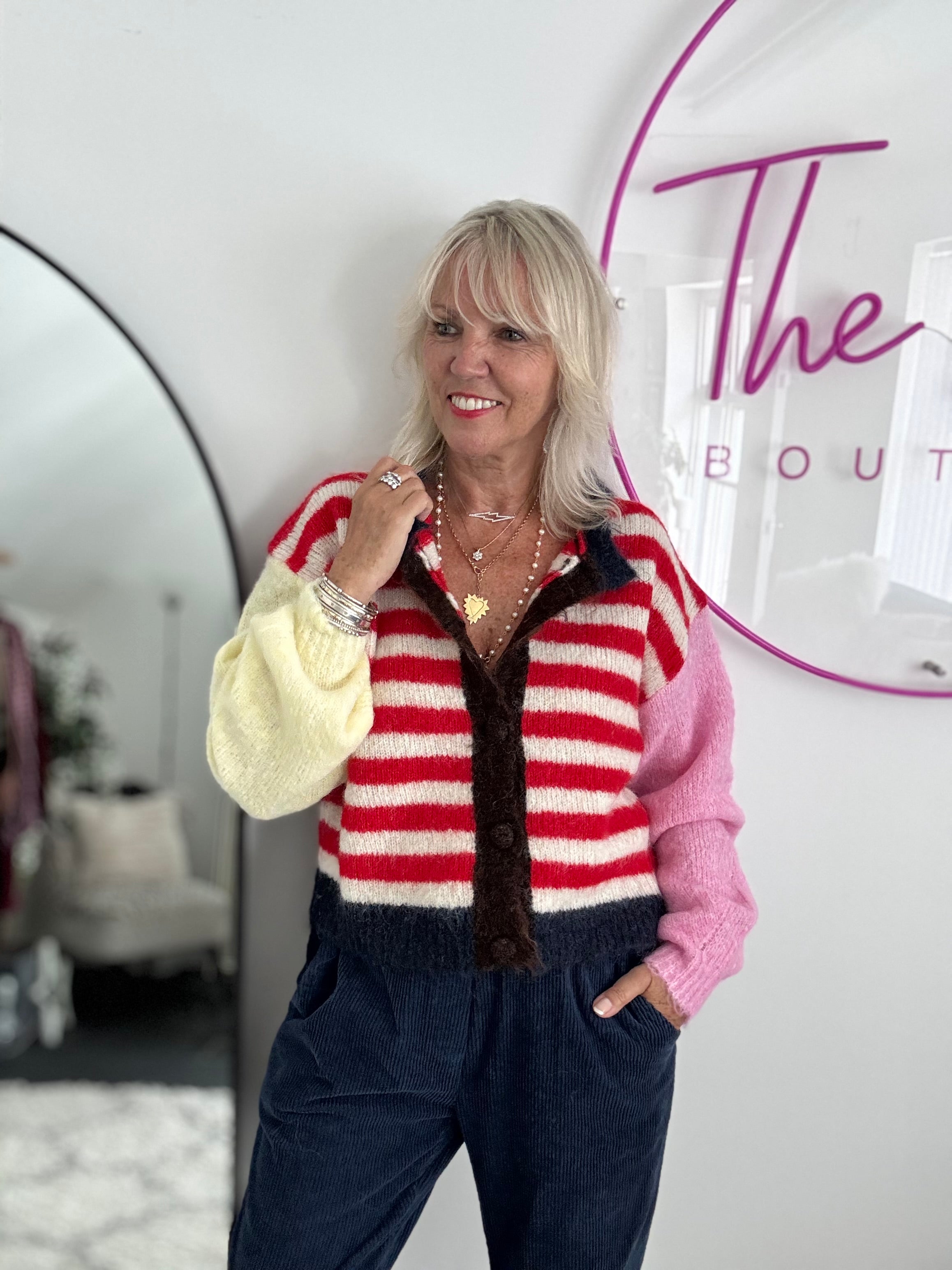 Stripe Mohair Cardi in Red & Yellow