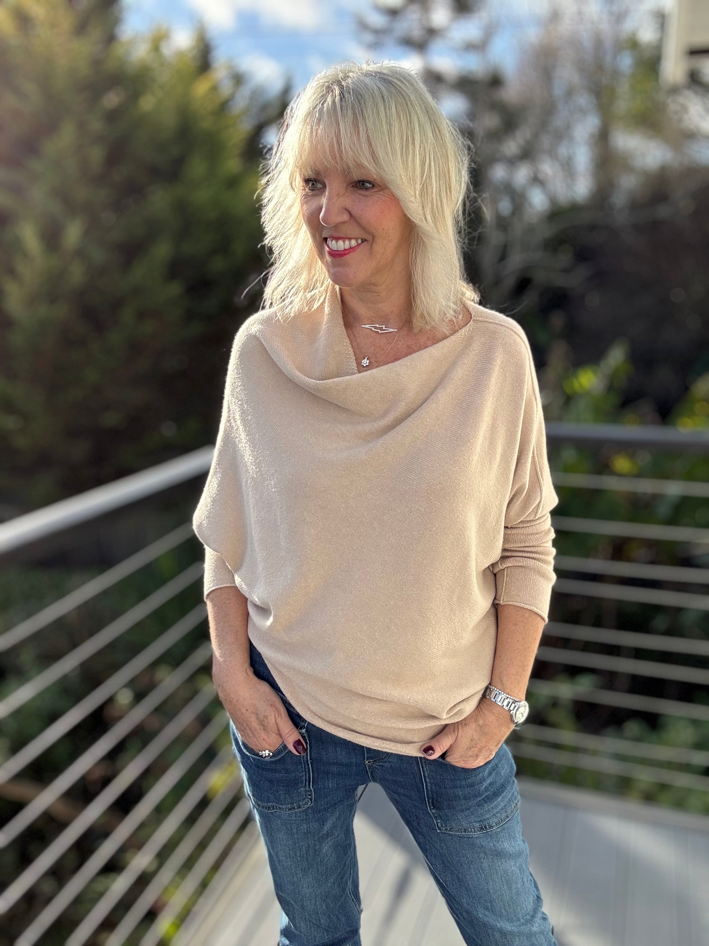 Cowl Neck Asymmetric Jumper in Stone