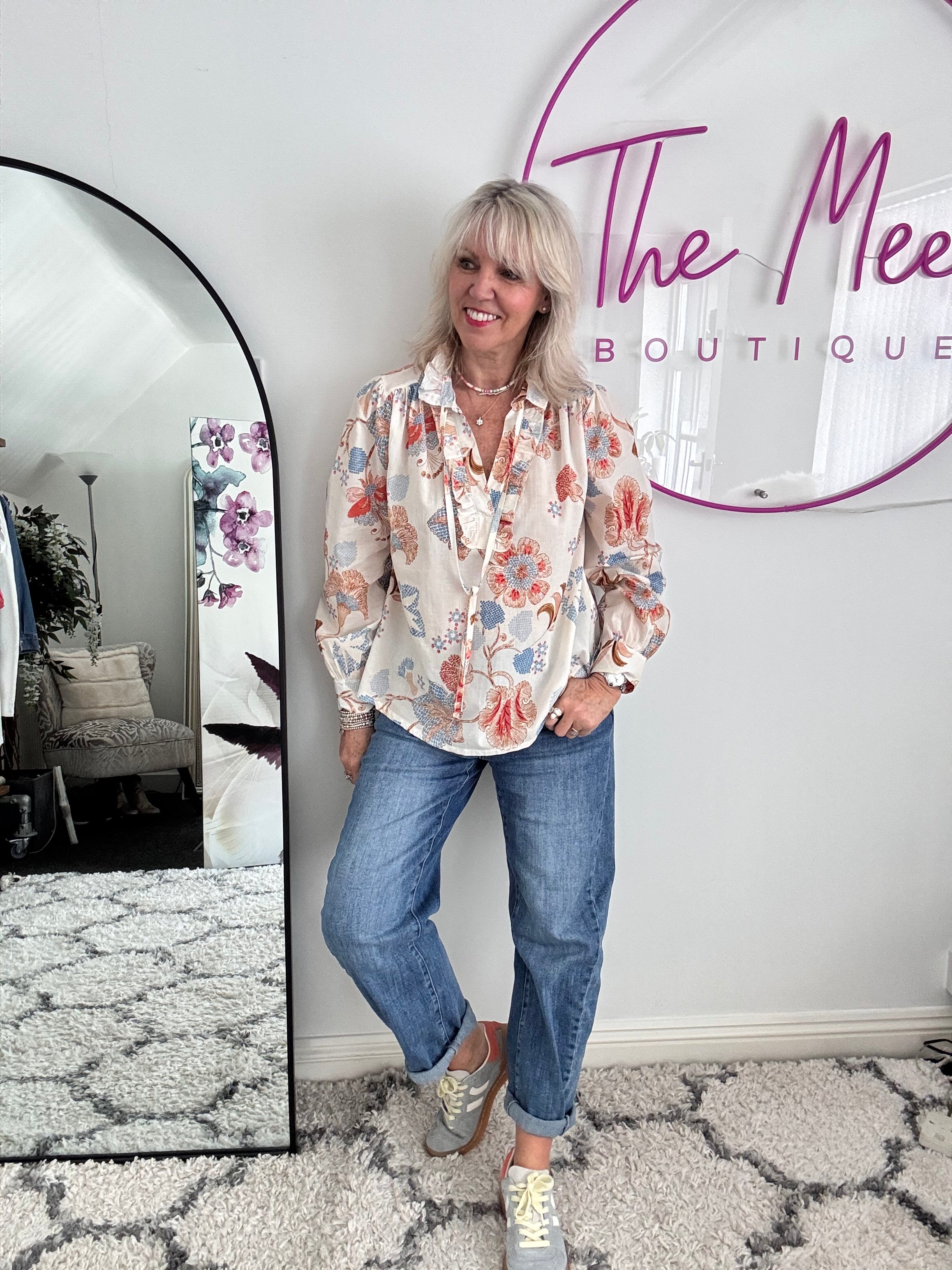 Floral Blouse in Coral & Blue