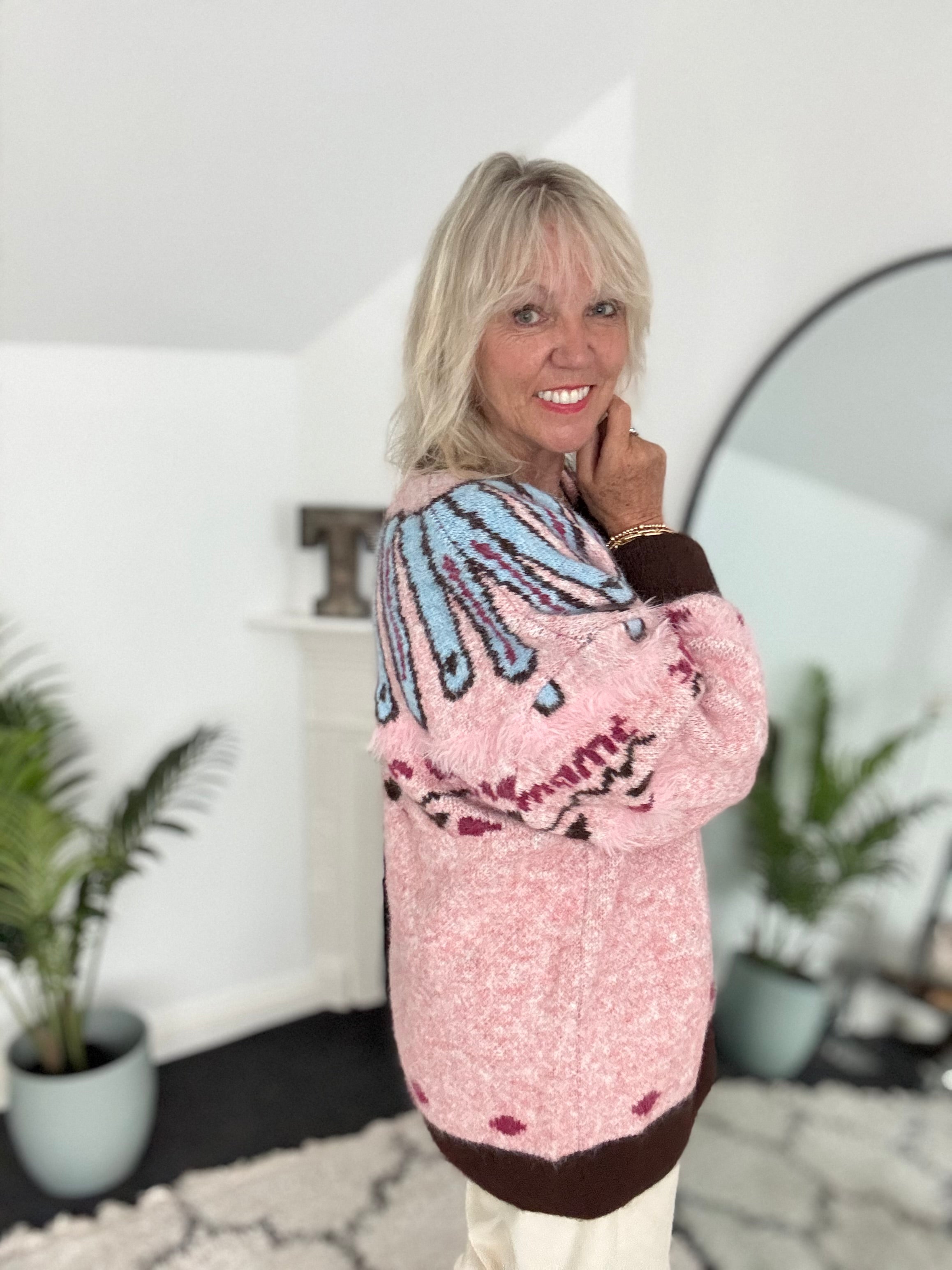 Oversized Designer Cardi in Pink & Chocolate