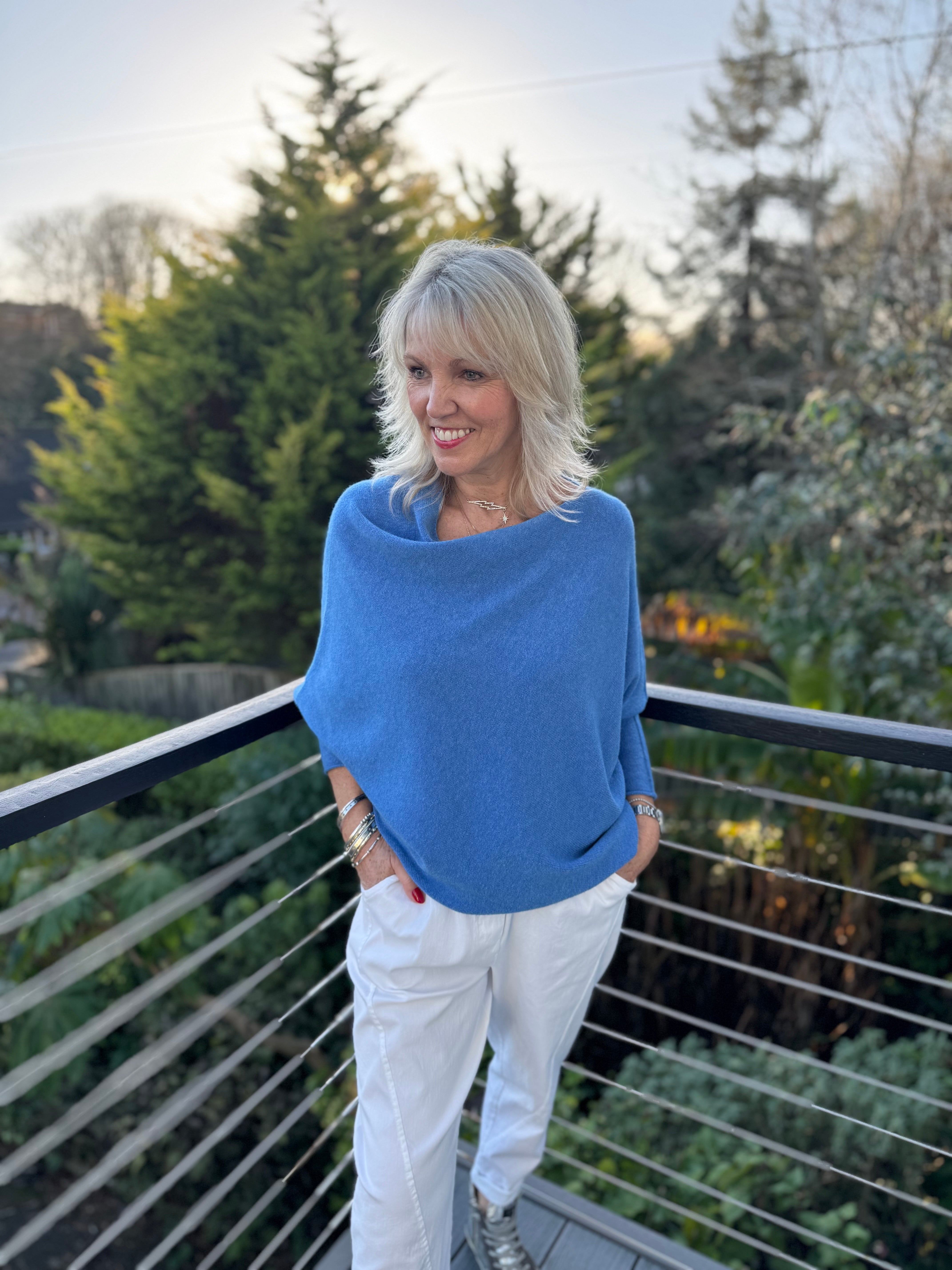 Cowl Neck Asymmetric Jumper in Cornflower