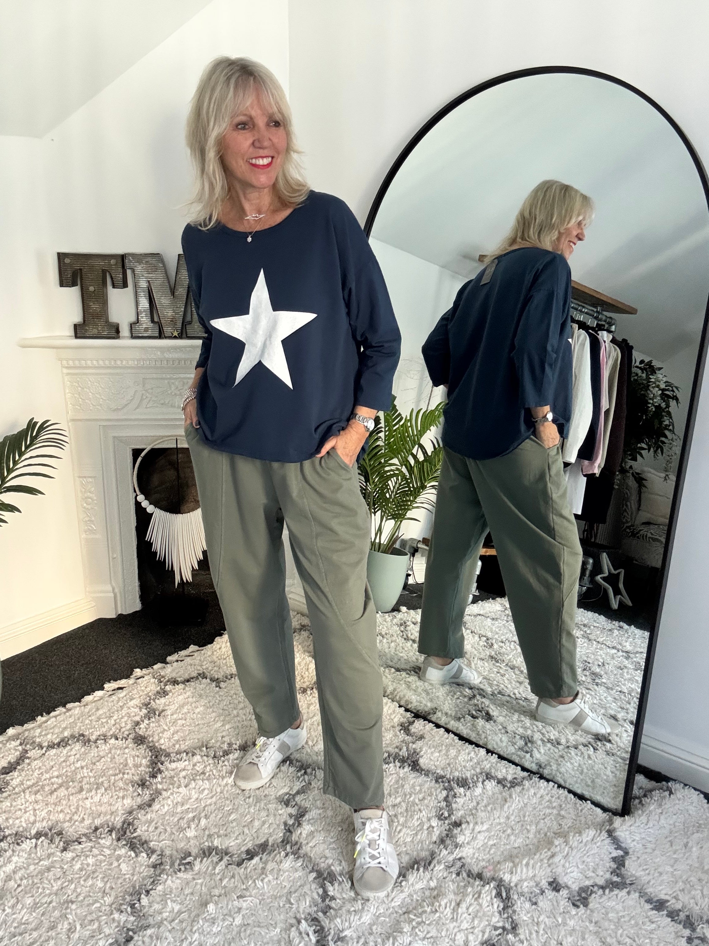 Stretch Jersey Trousers with Topstitching in Khaki