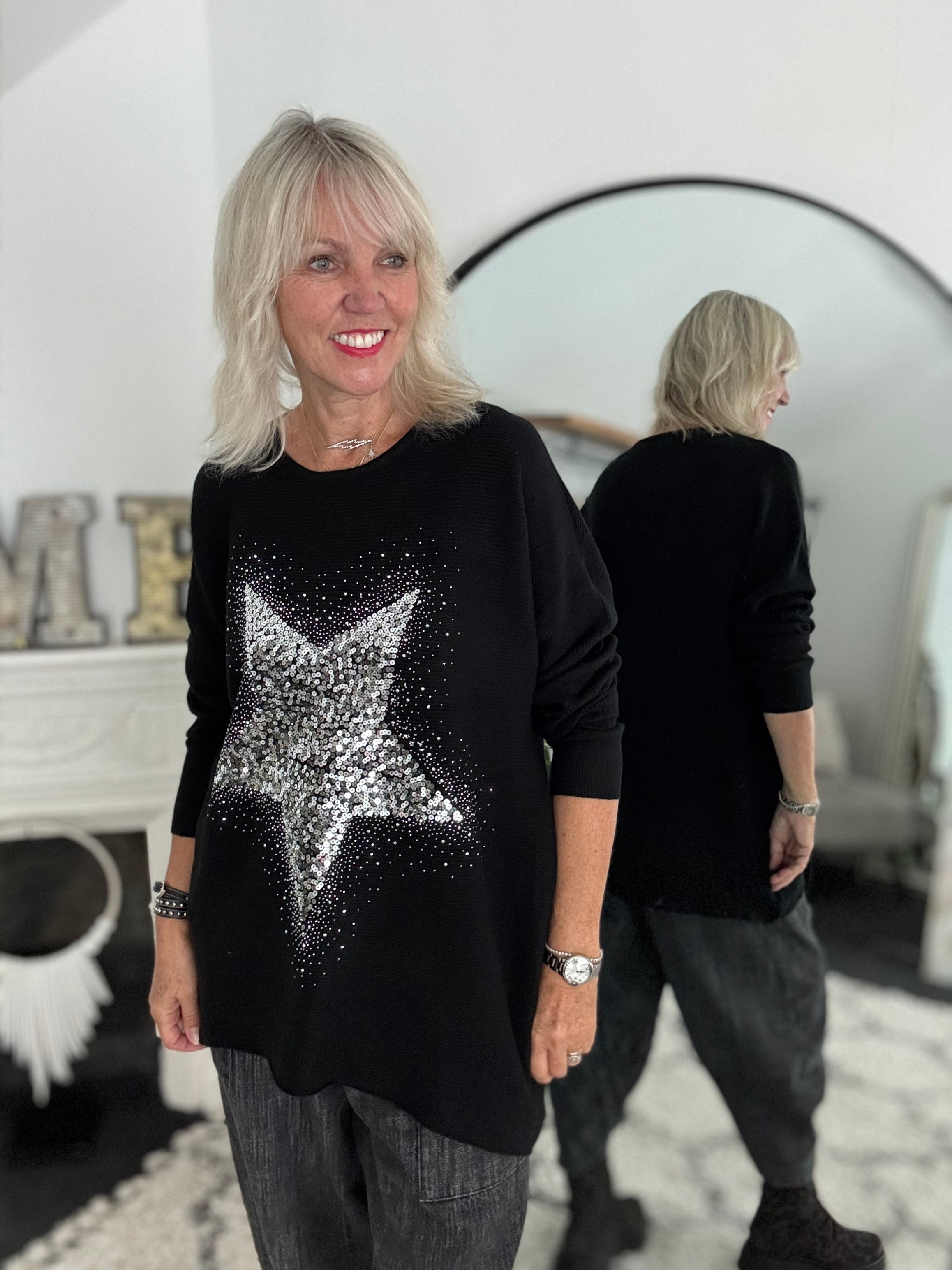 Ribbed Sequin Star Jumper in Black