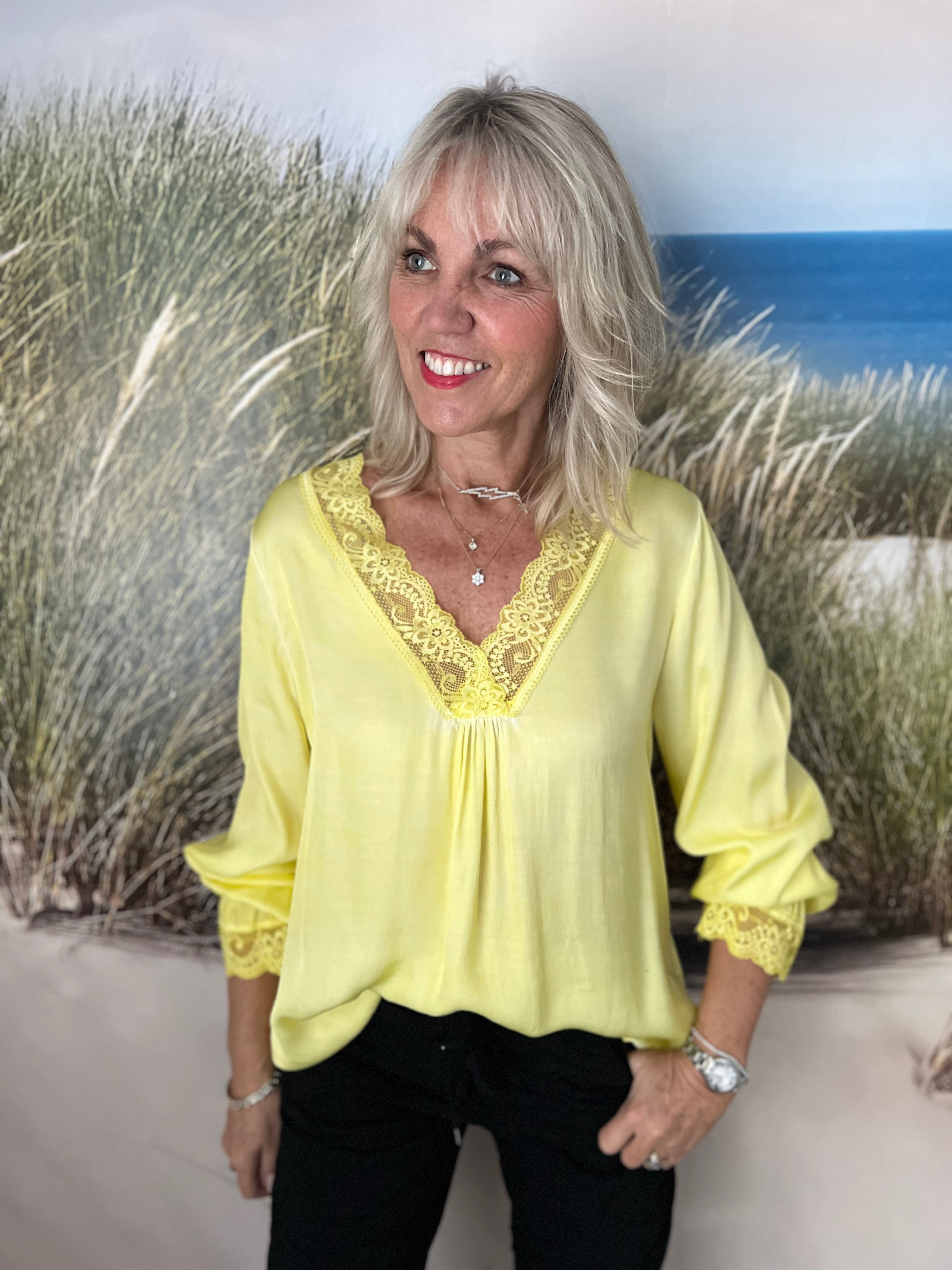 Silky Top with Lace Trim in Yellow