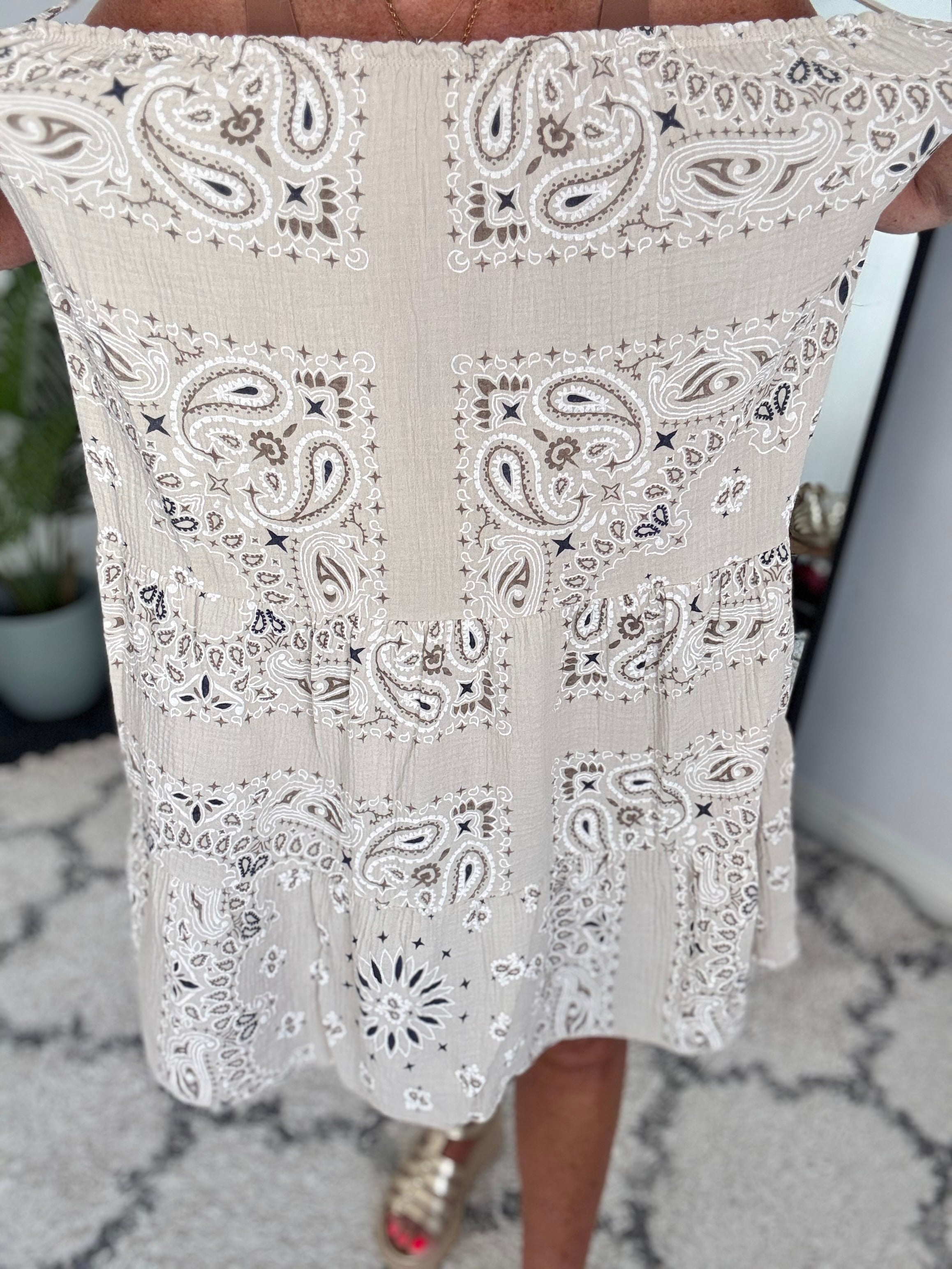 Paisley Cheesecloth Dress in Stone