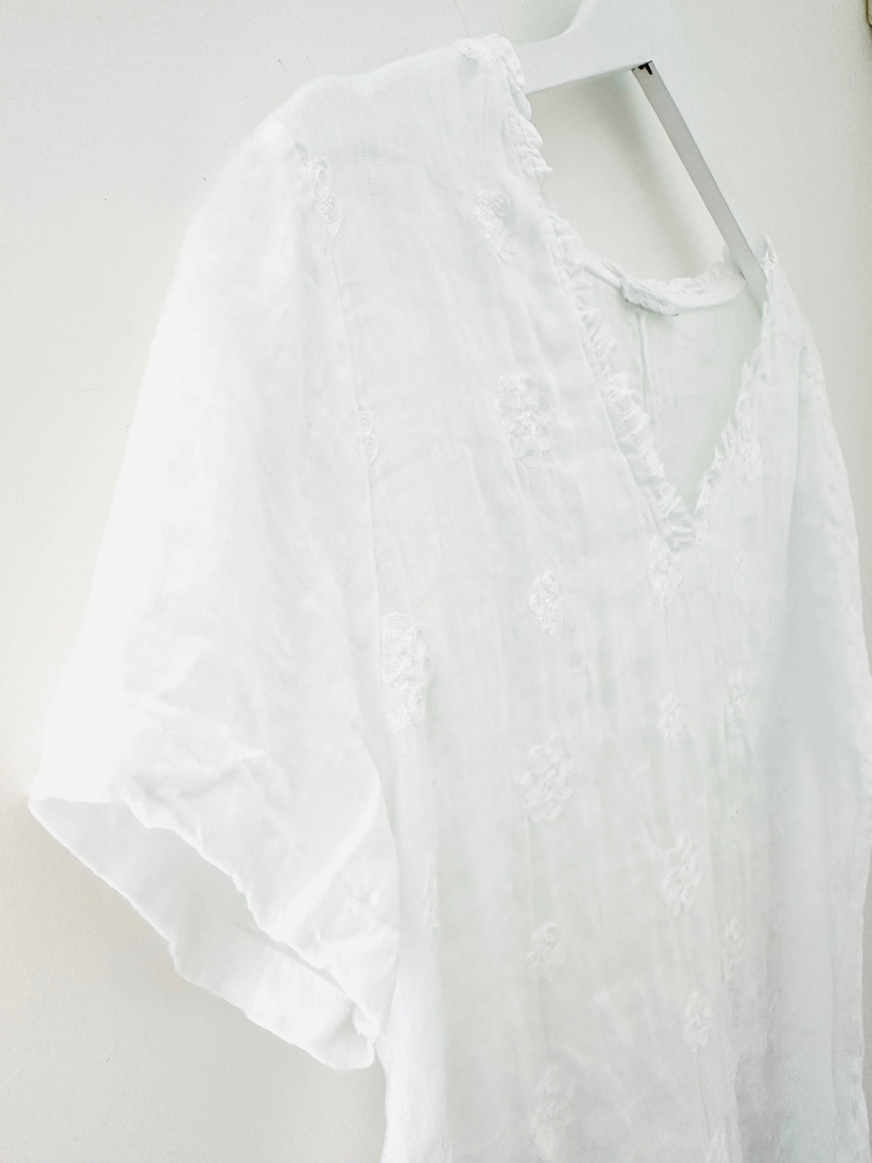 Linen Top with Embroidered Flowers in White