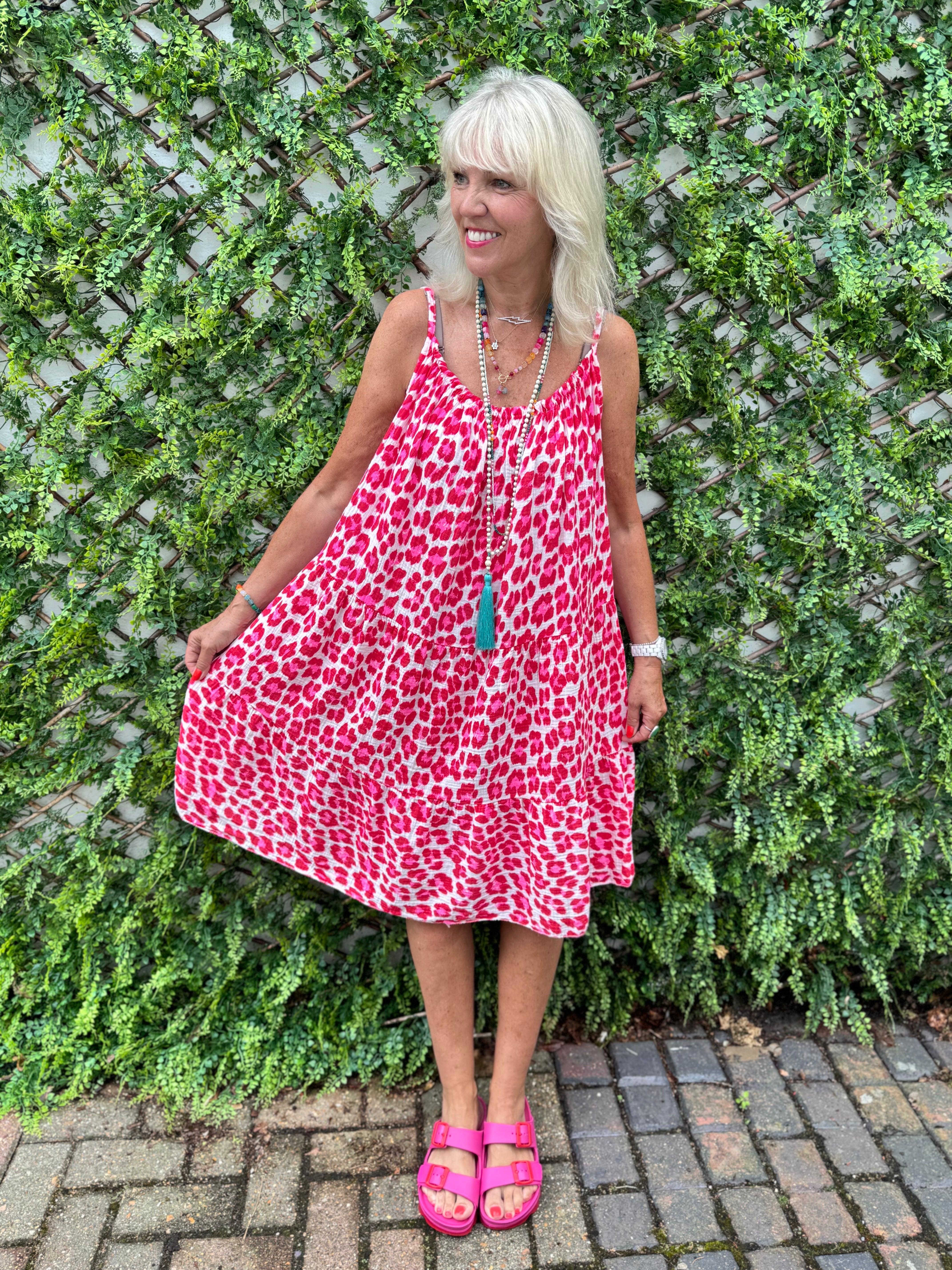 Leopard Cheesecloth Dress in Red & Pink
