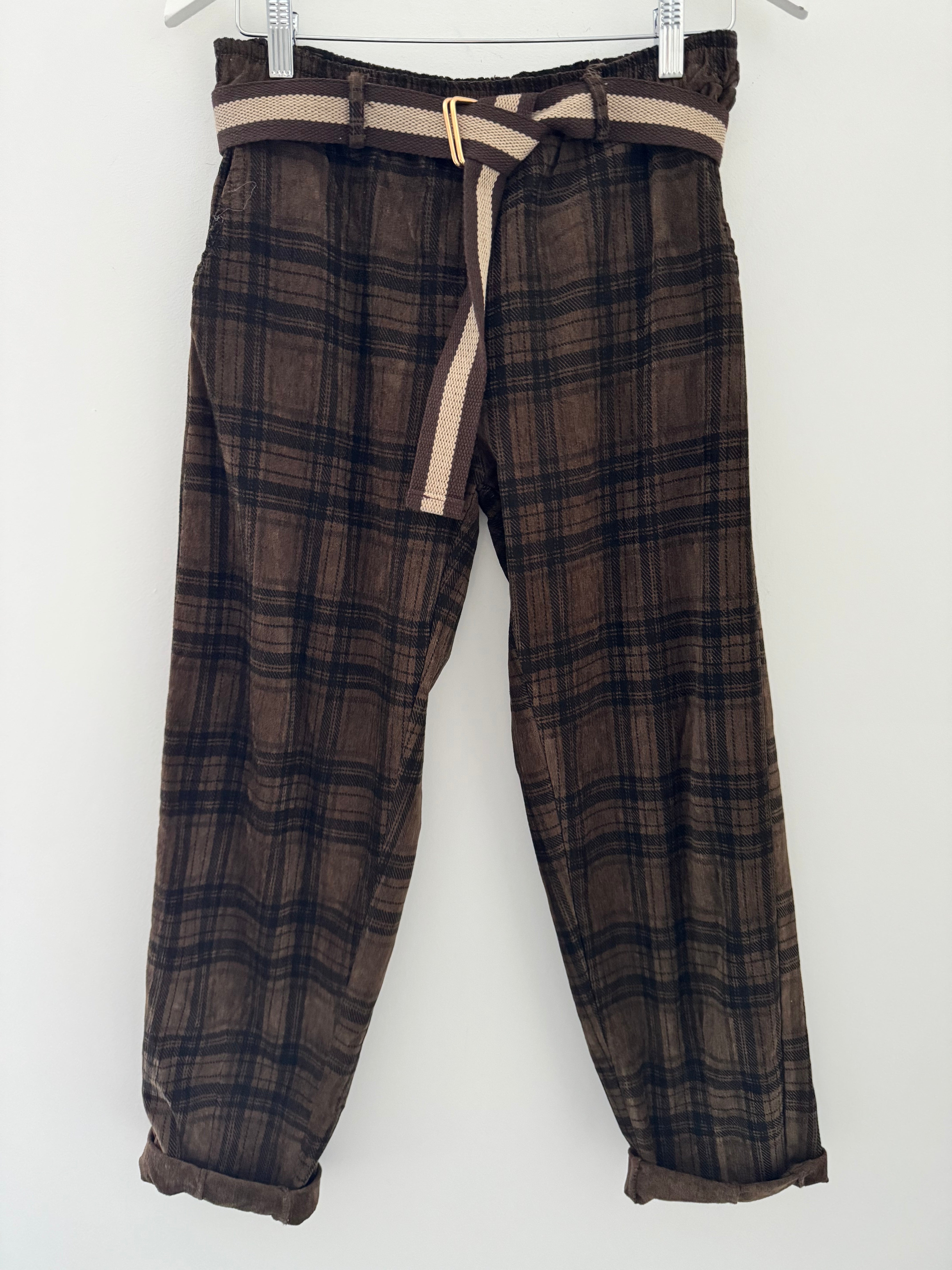 Fine Cord Check Trousers in Chocolate