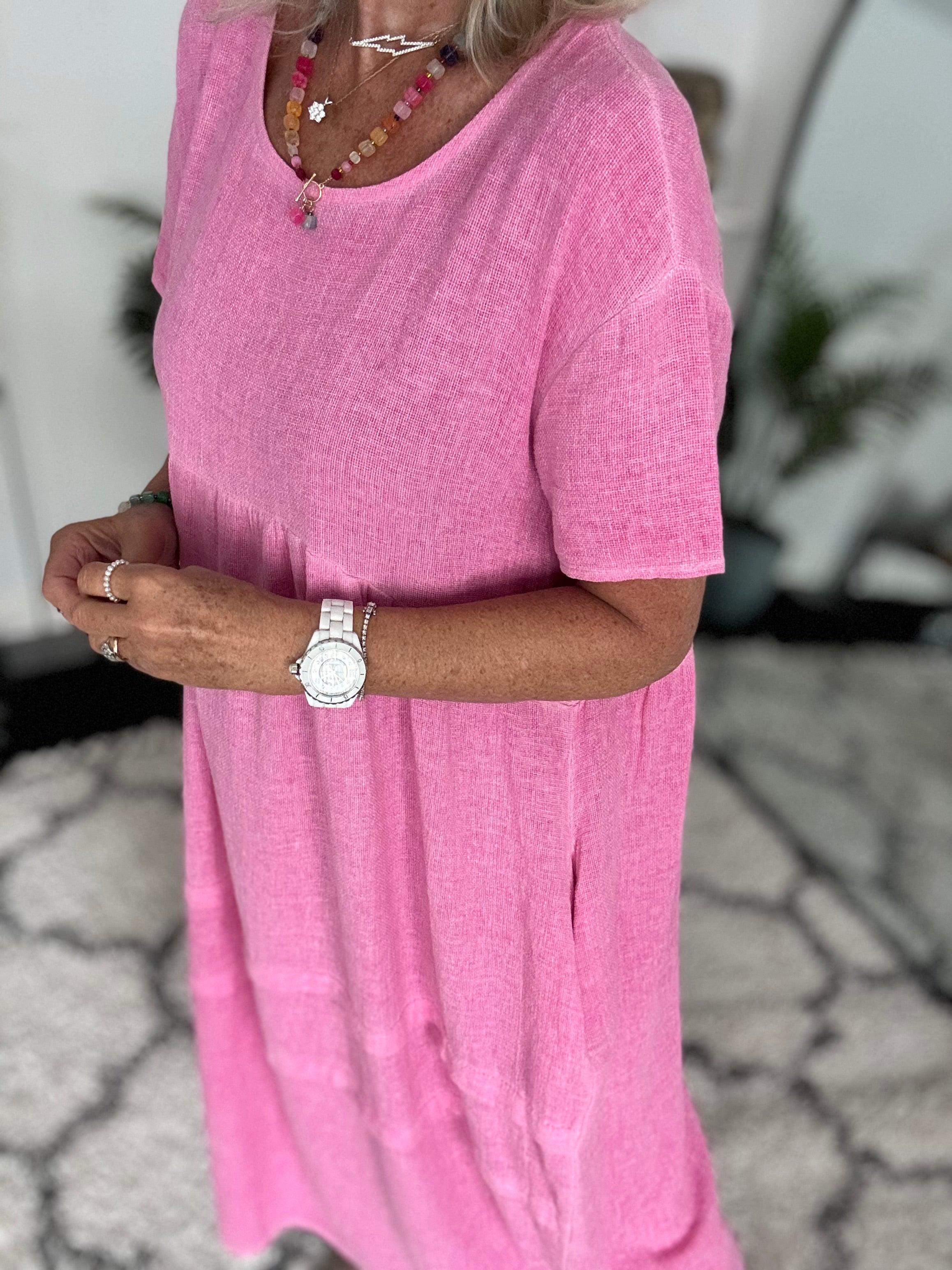 Cotton & Linen Cocoon Dress in Fuchsia