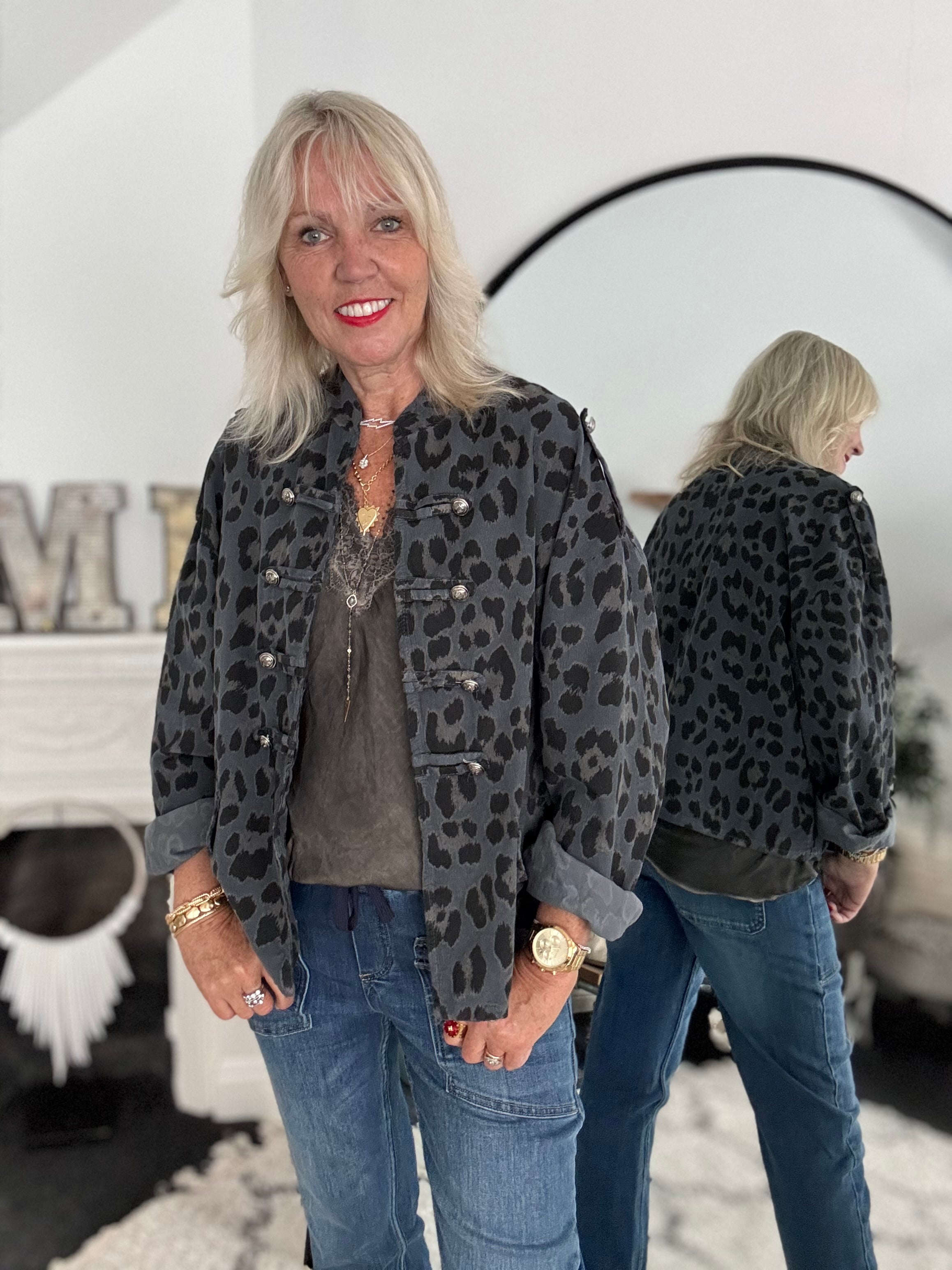 Needlecord Military Jacket in Grey Leopard