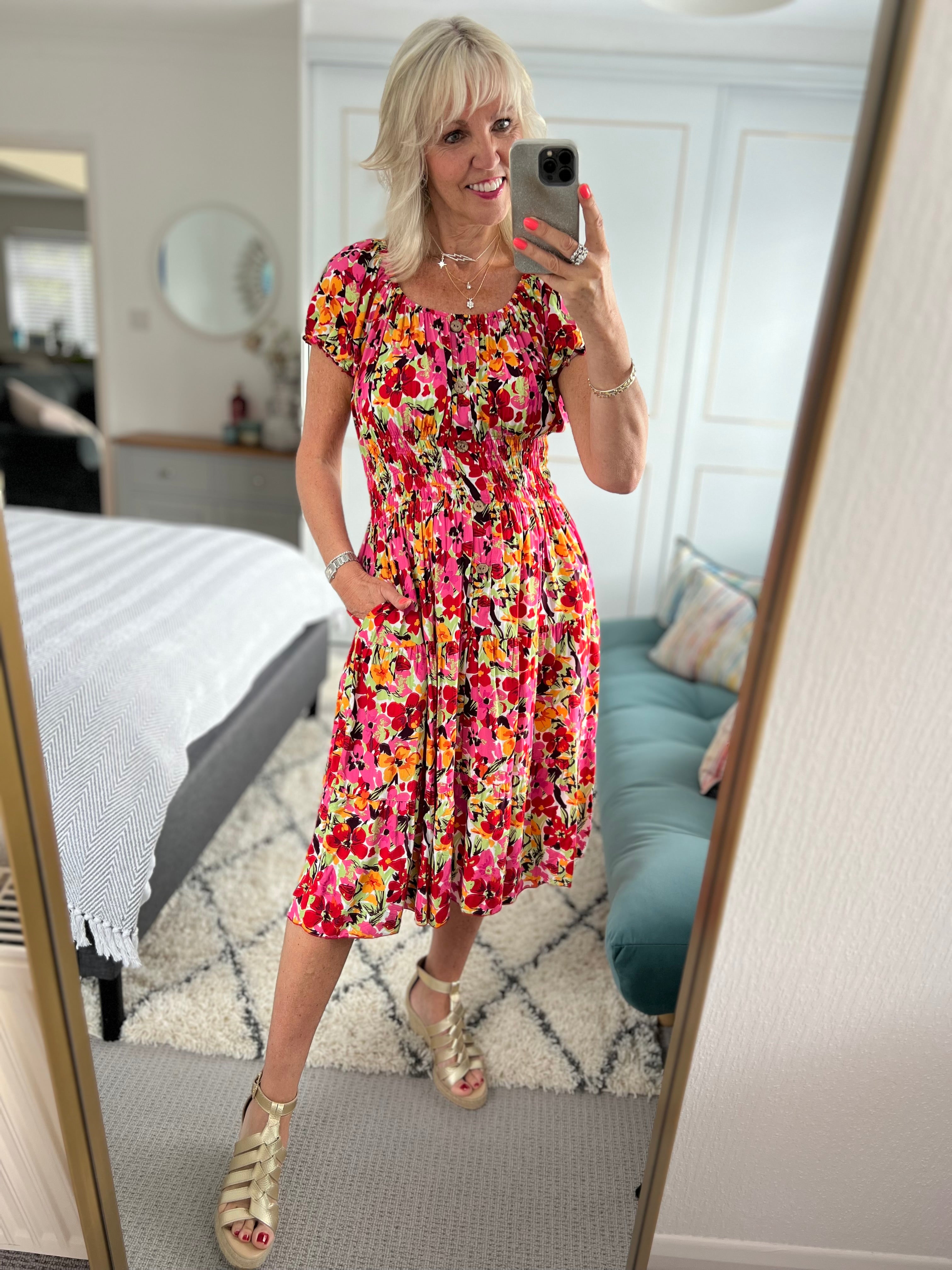 Floral Knee Length Dress in Pink & Red
