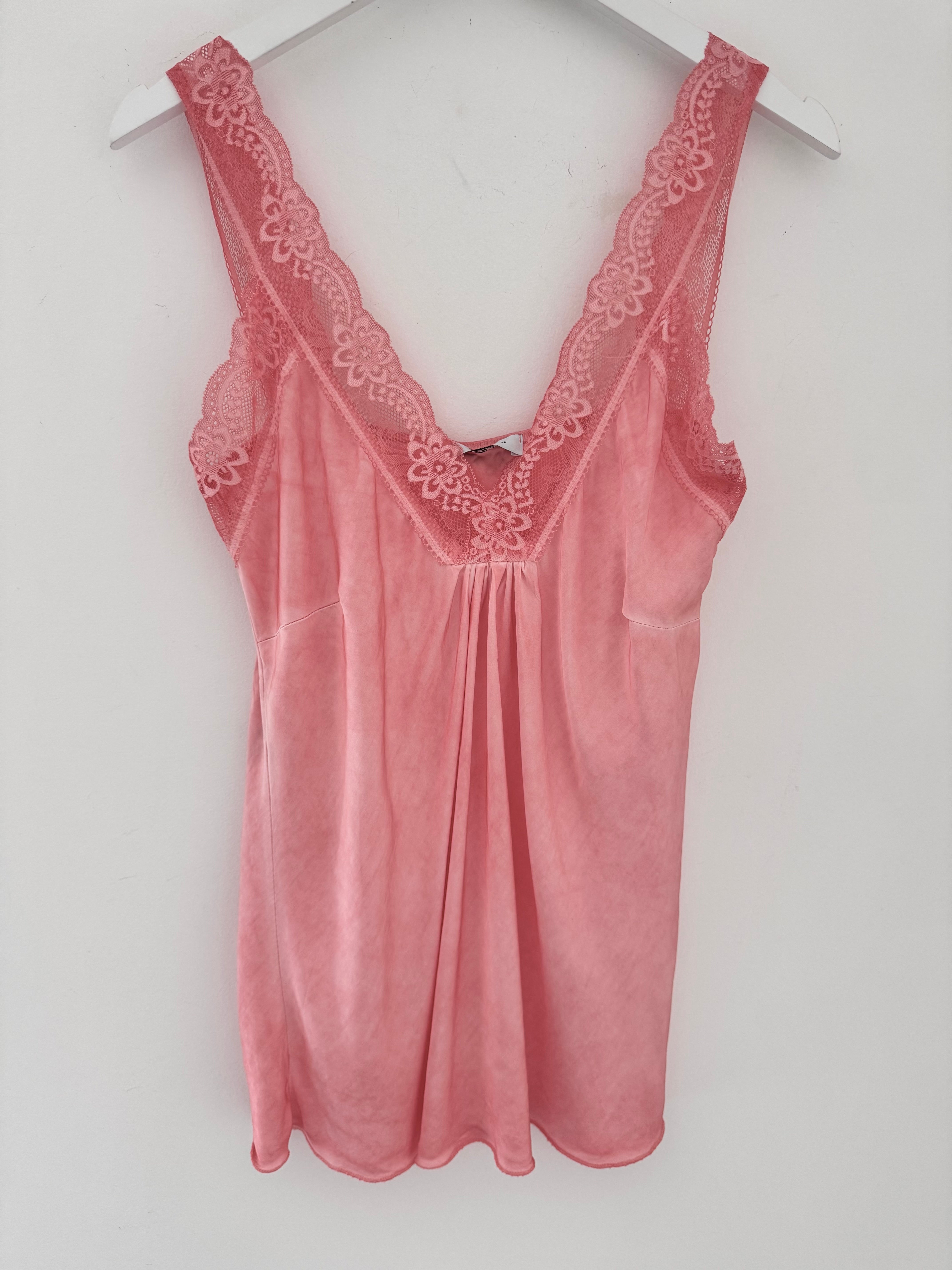 Lace Trim Silk Cami in Coral