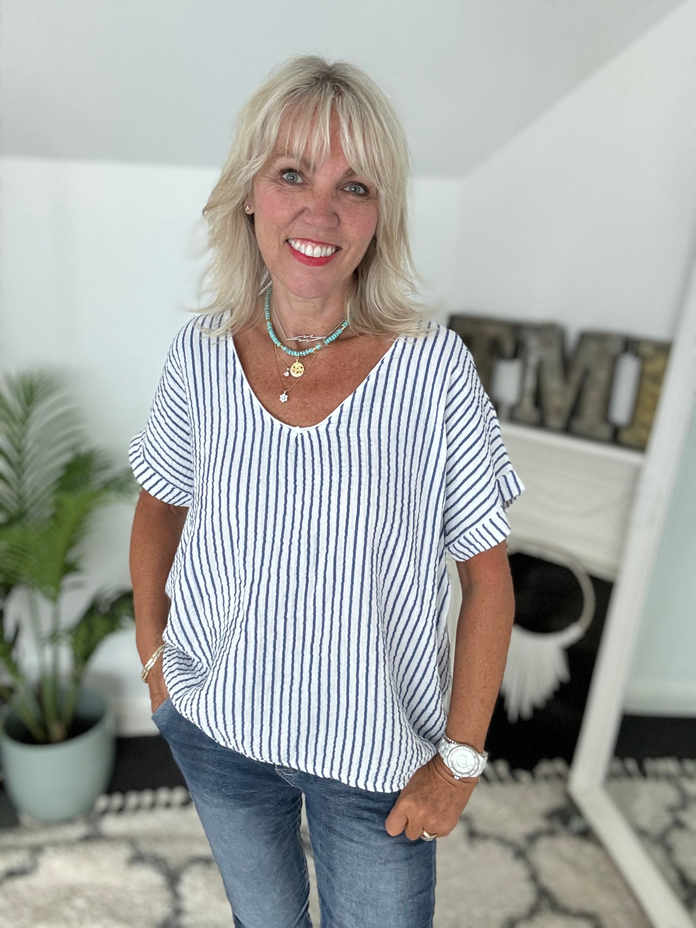 Cheesecloth Stripe Top in Blue & White