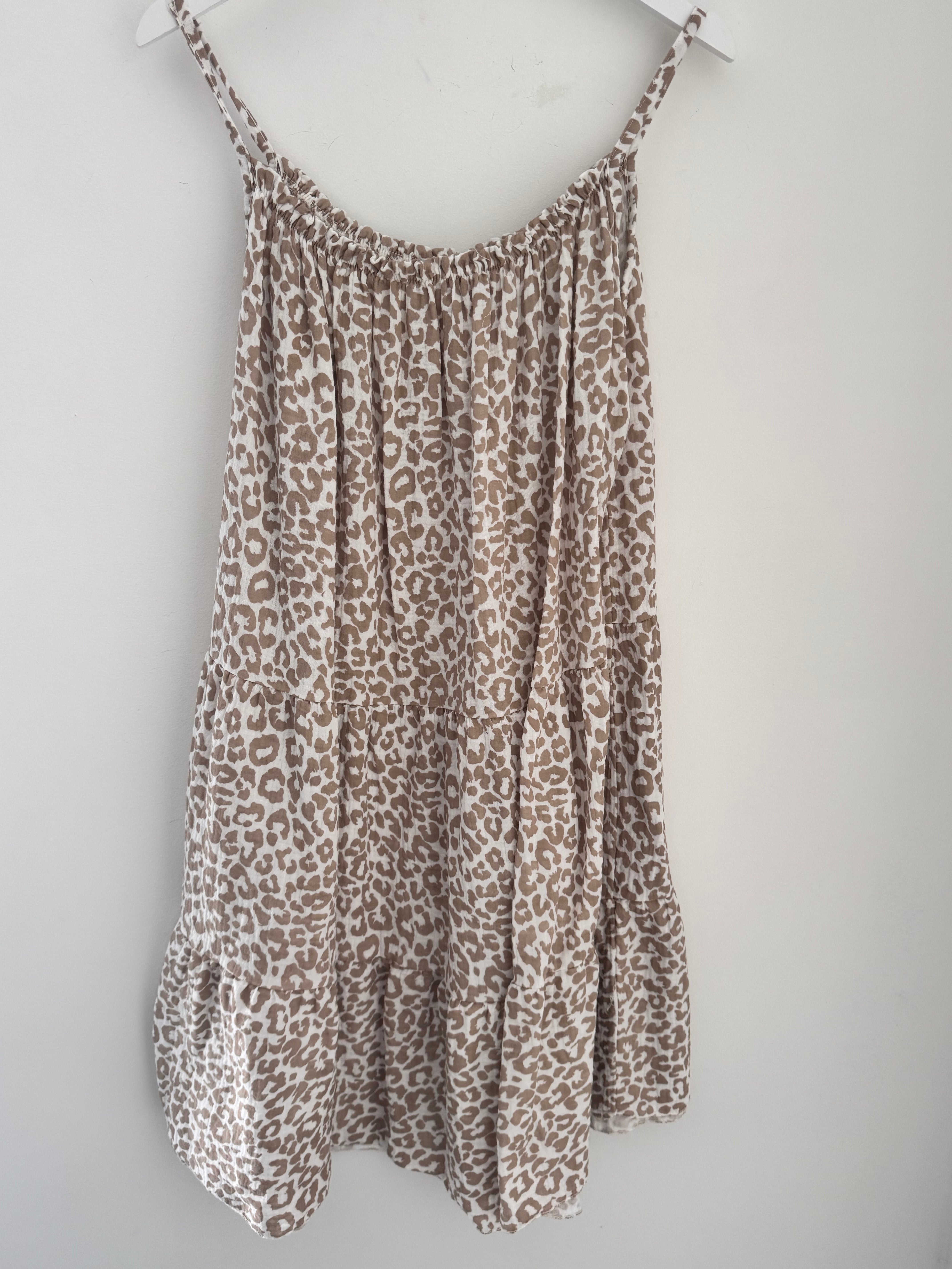 Leopard Cheesecloth Dress in Mocha & White