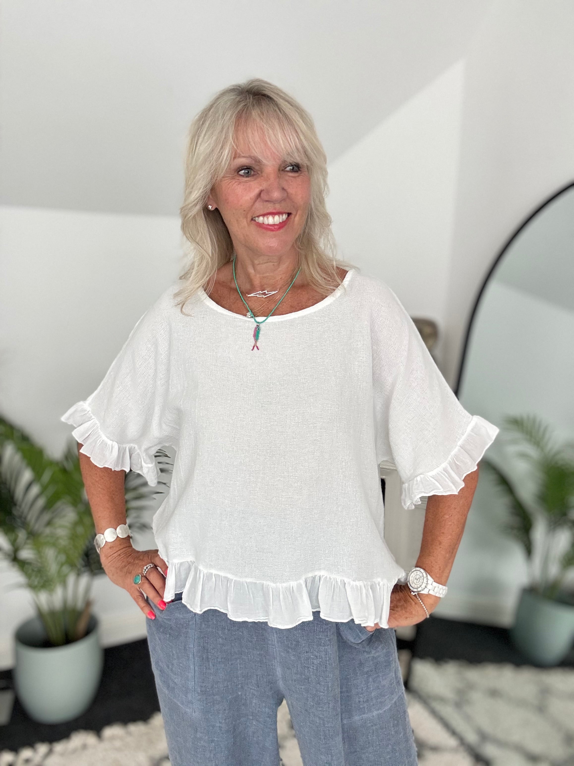 Linen & Cotton Ruffle Edge Top in White