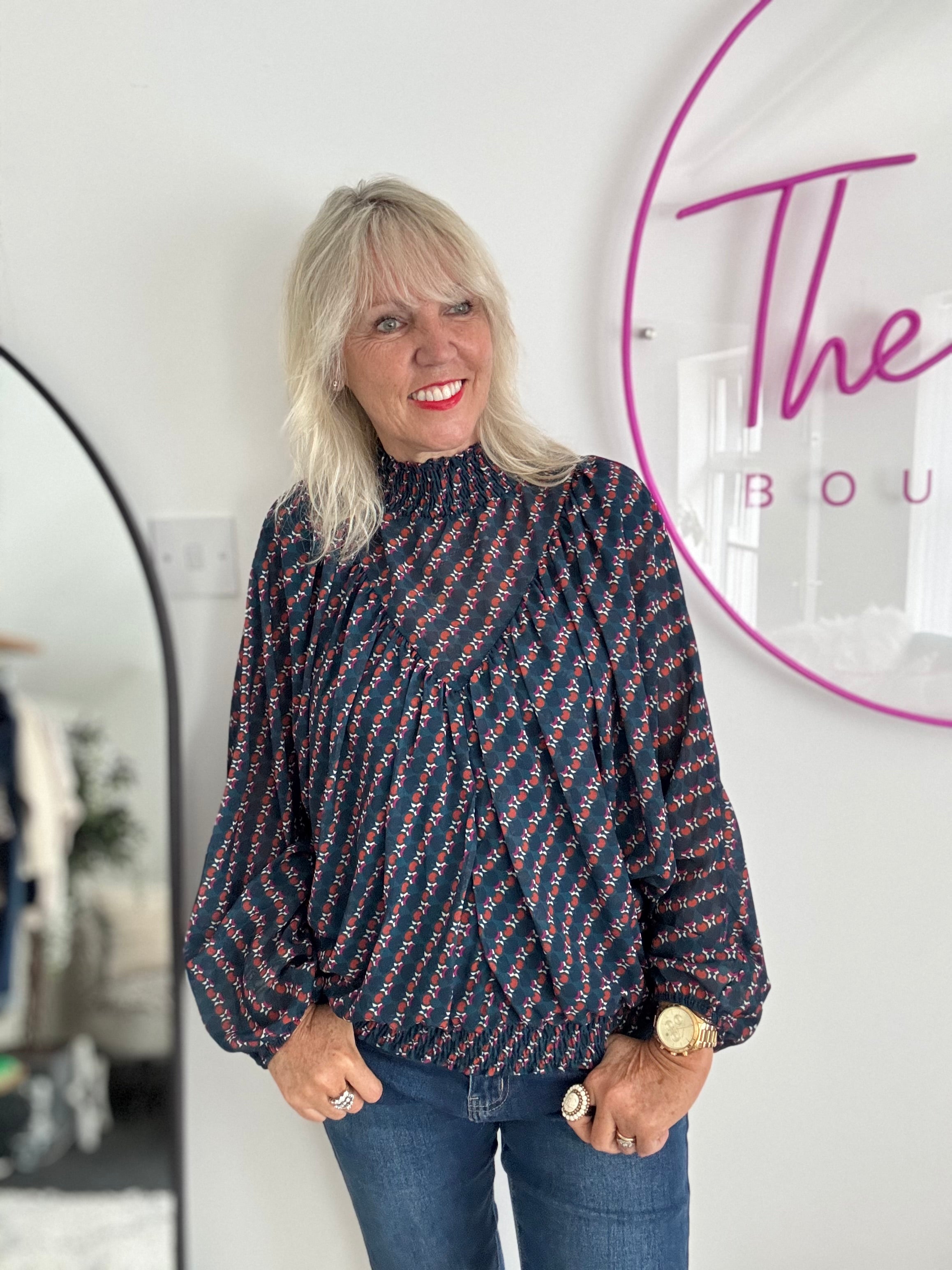 High Neck Blouse in Teal & Cherry
