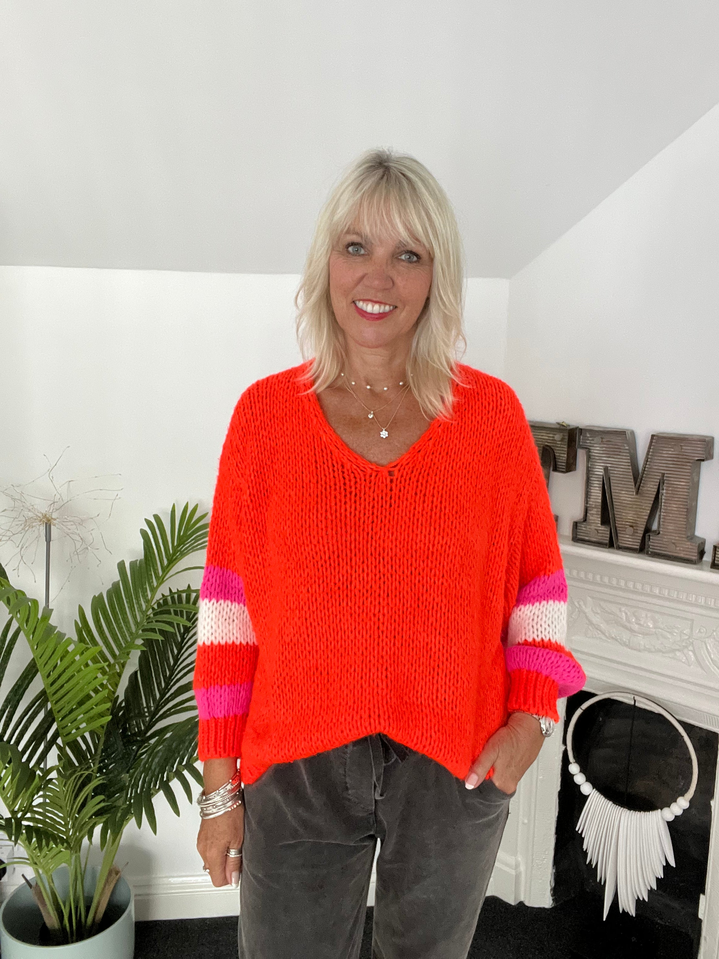 Luxe Jumper with Stripe Sleeves in Bright Orange