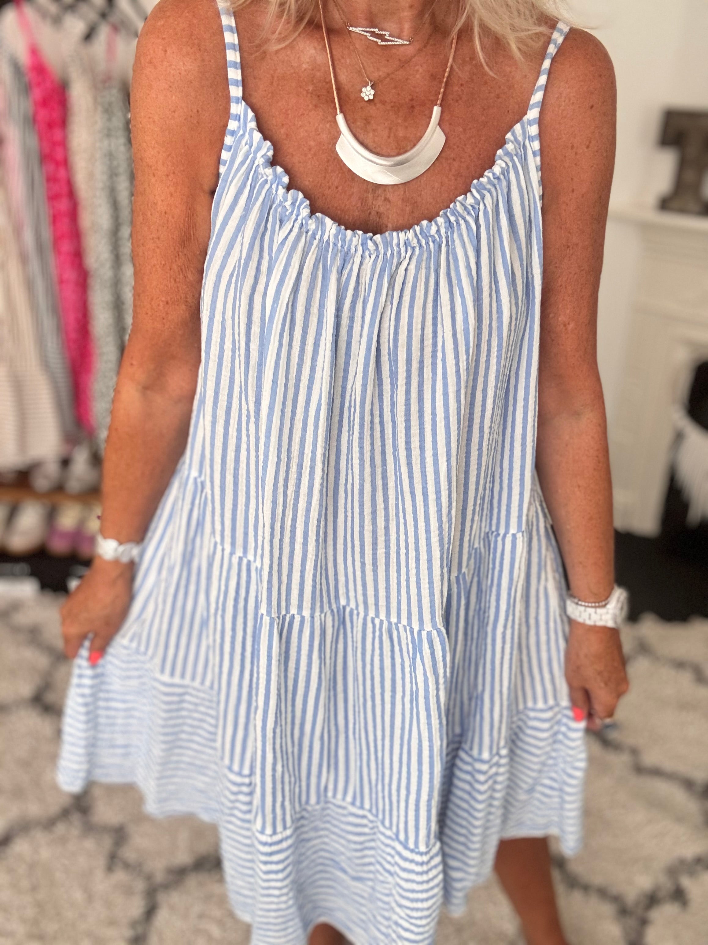 Stripe Cheesecloth Dress in Blue & White