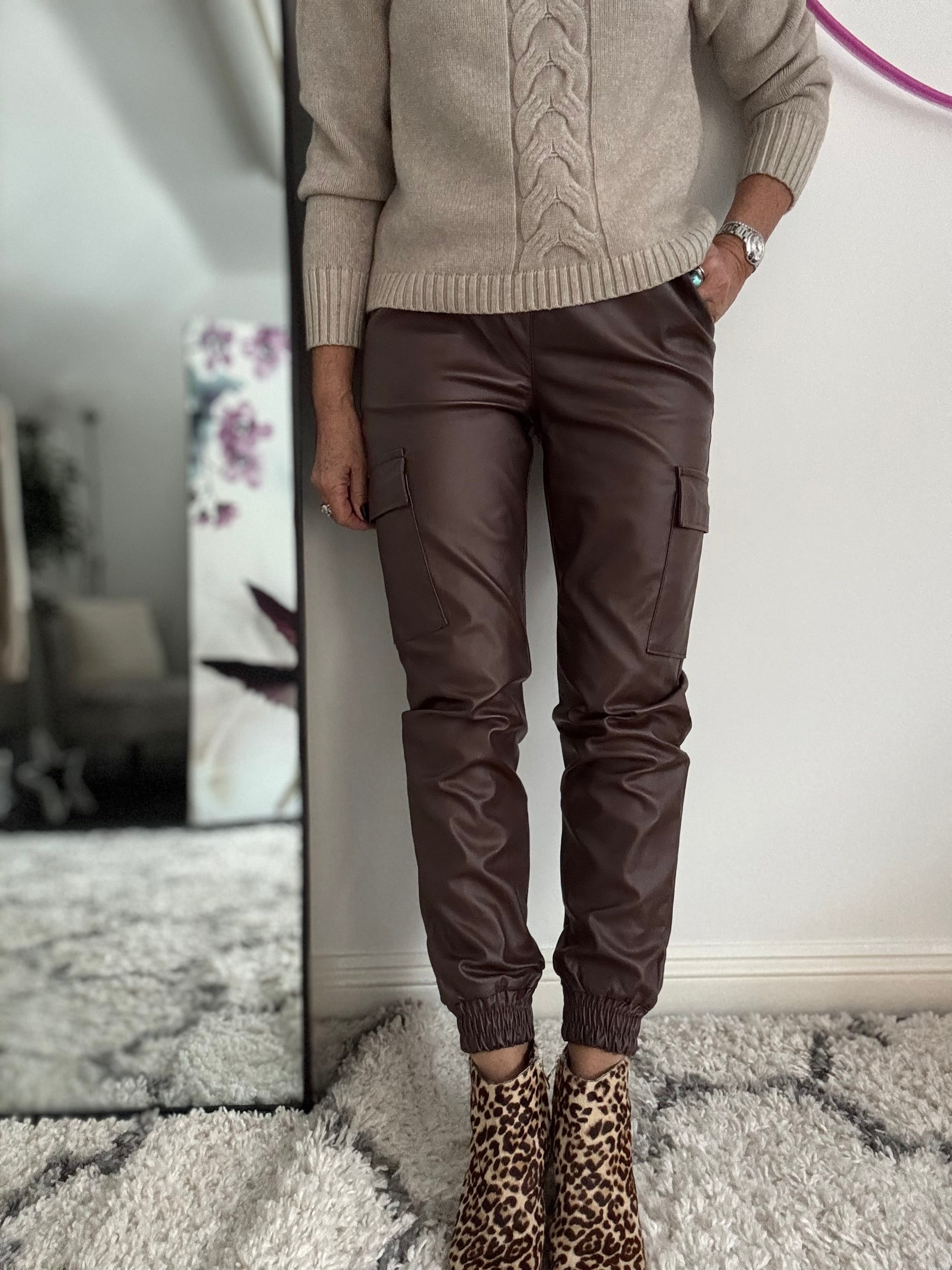 Leather Look Cargo Joggers in Chocolate