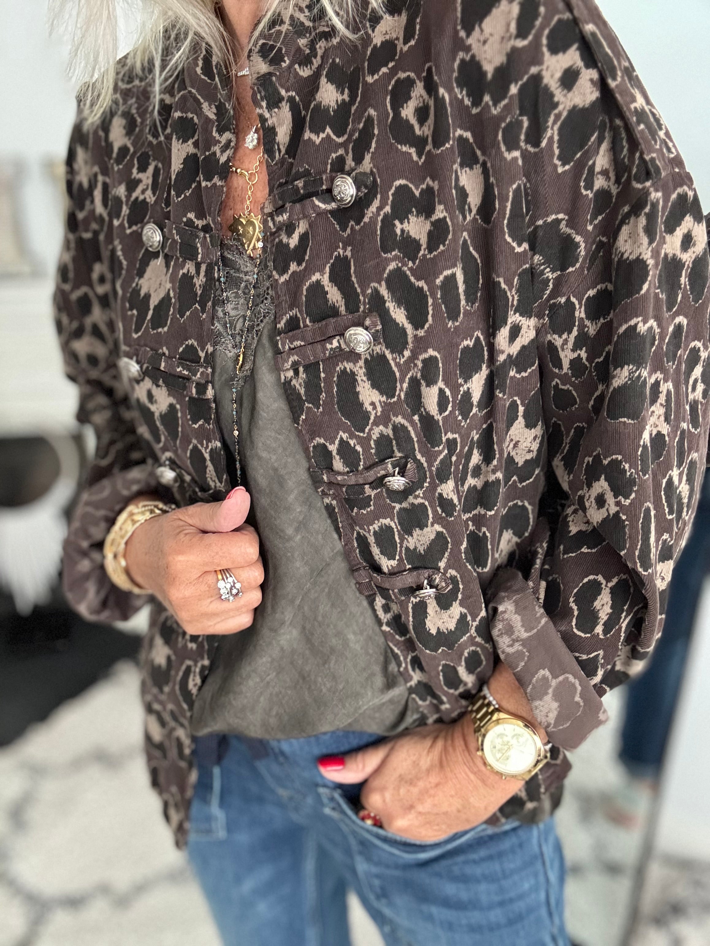 Needlecord Military Jacket in Mocha Leopard