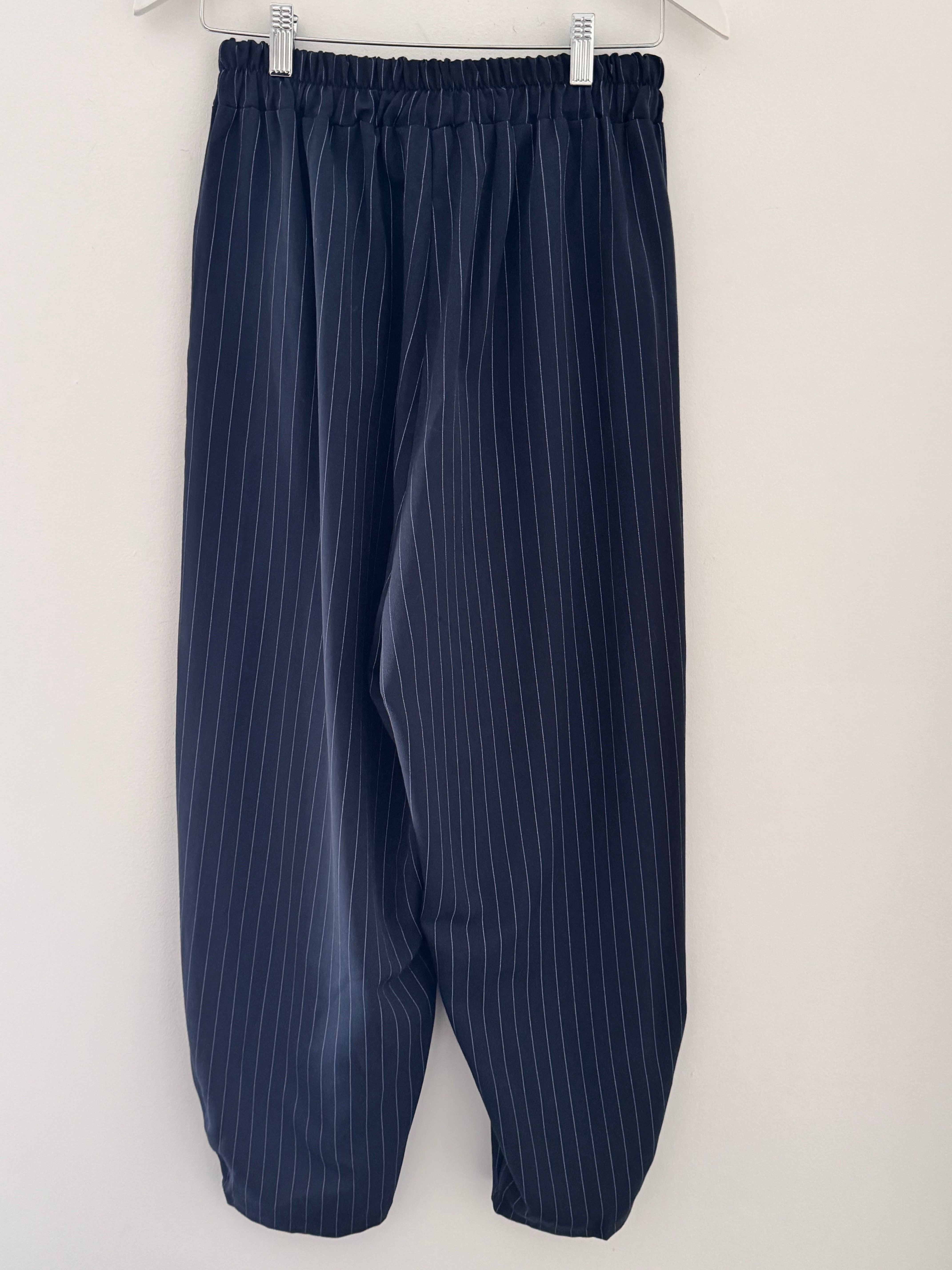Pinstripe Barrel Leg Trousers in Navy
