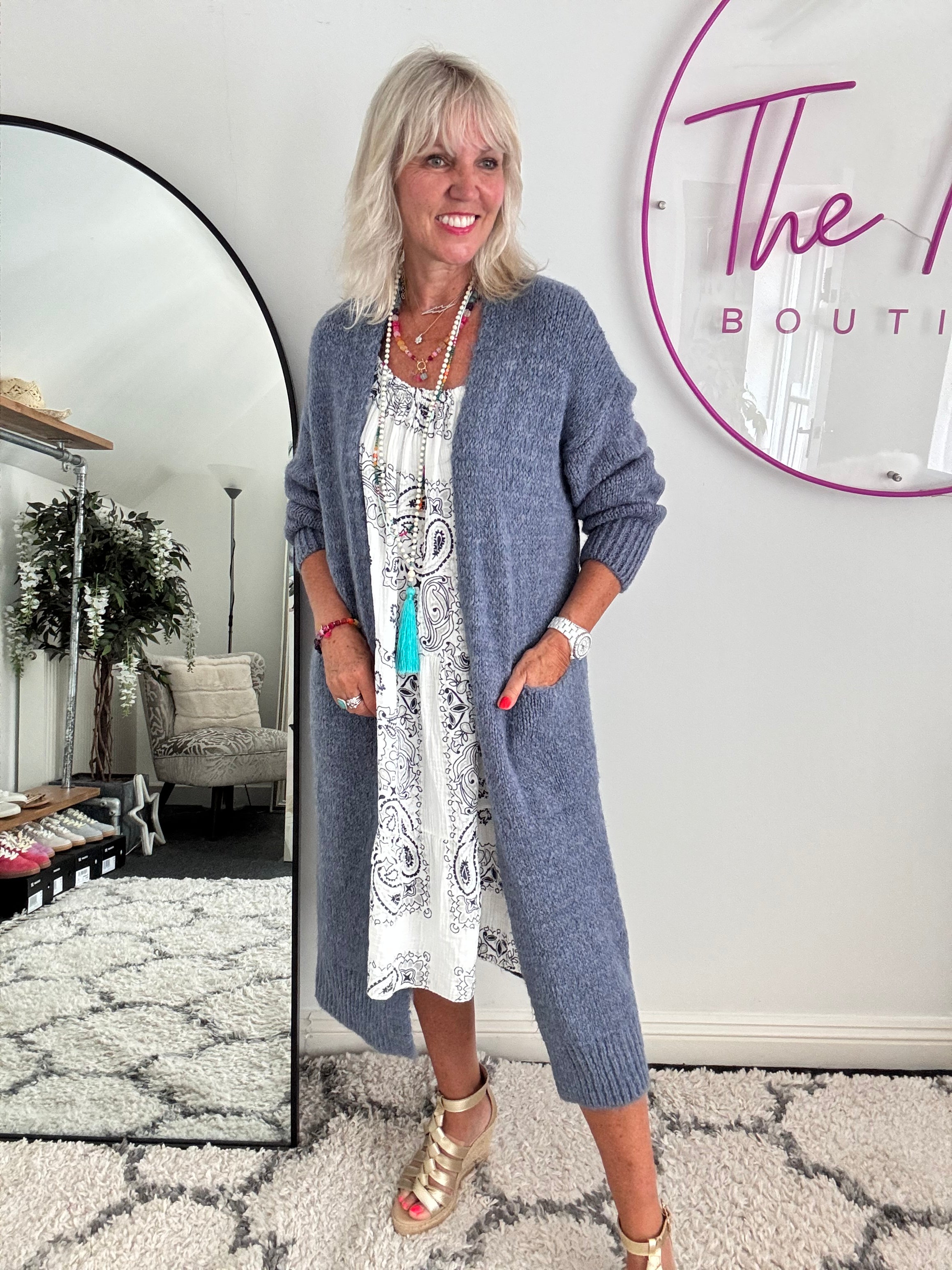 Luxe Neon Horse Cardi in Denim Blue