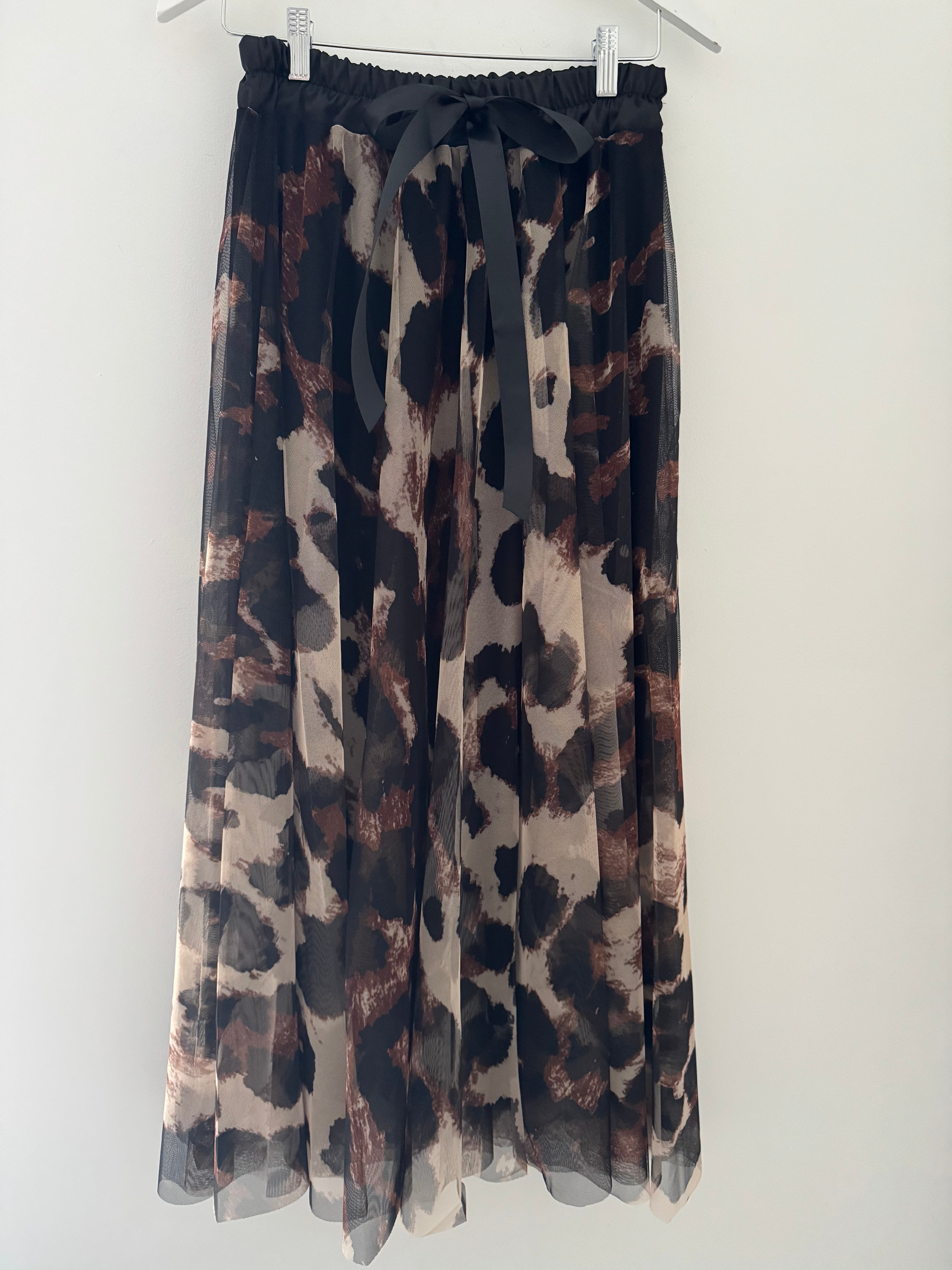 Tulle Midi Skirt in Black & Tan Leopard