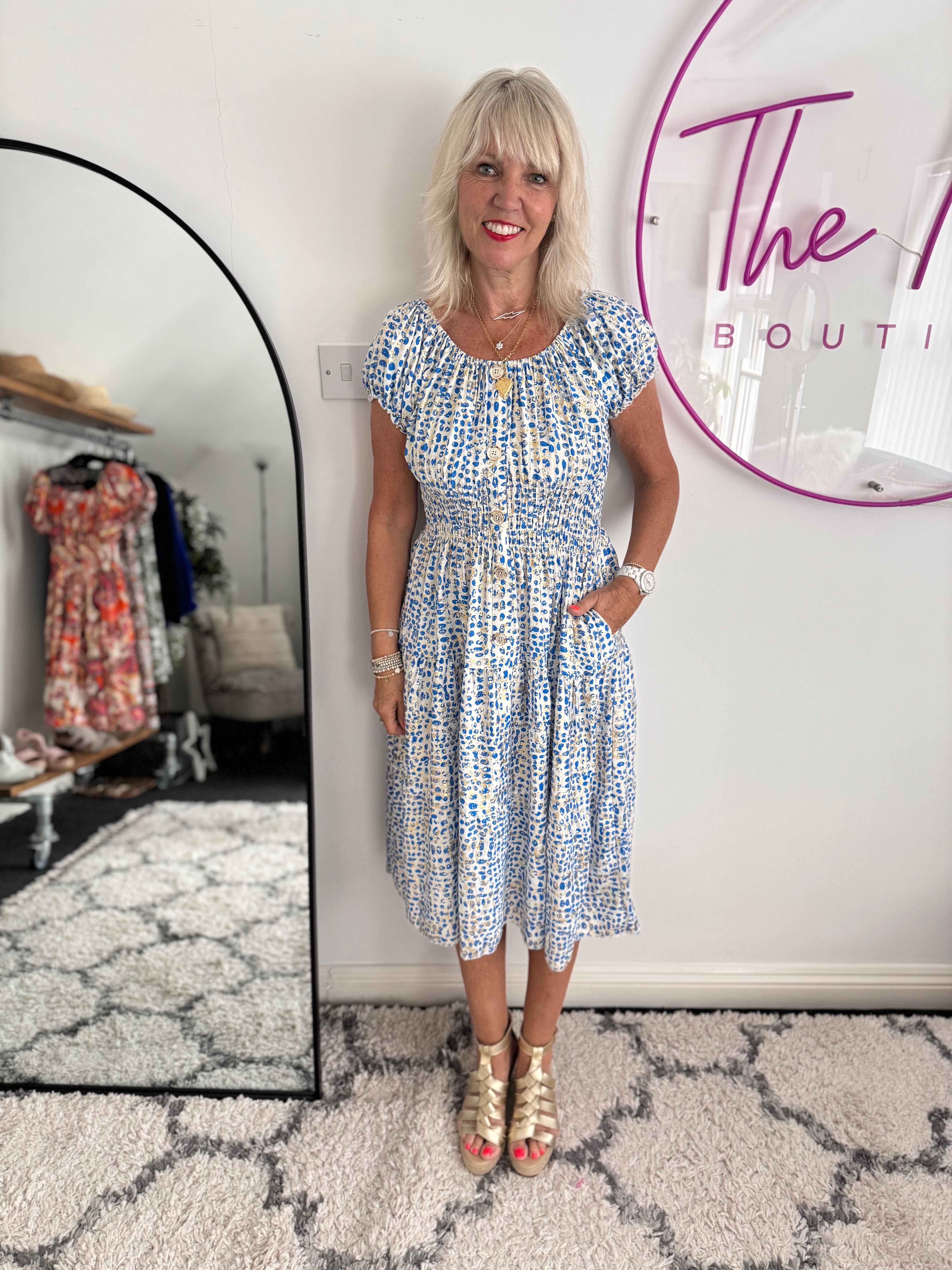 Bardot Dress in Blue & White