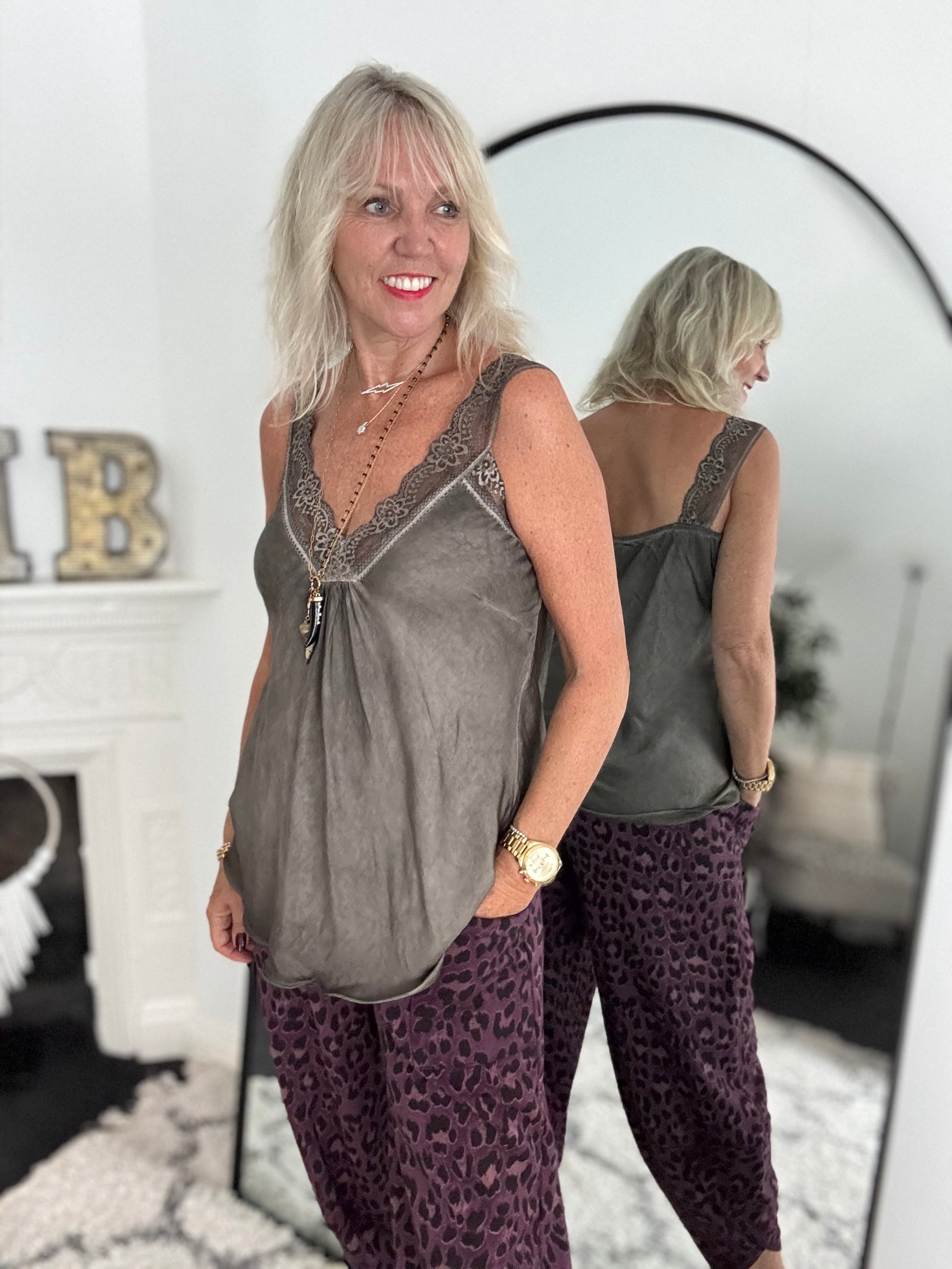 Lace Trim Silk Cami in Chocolate
