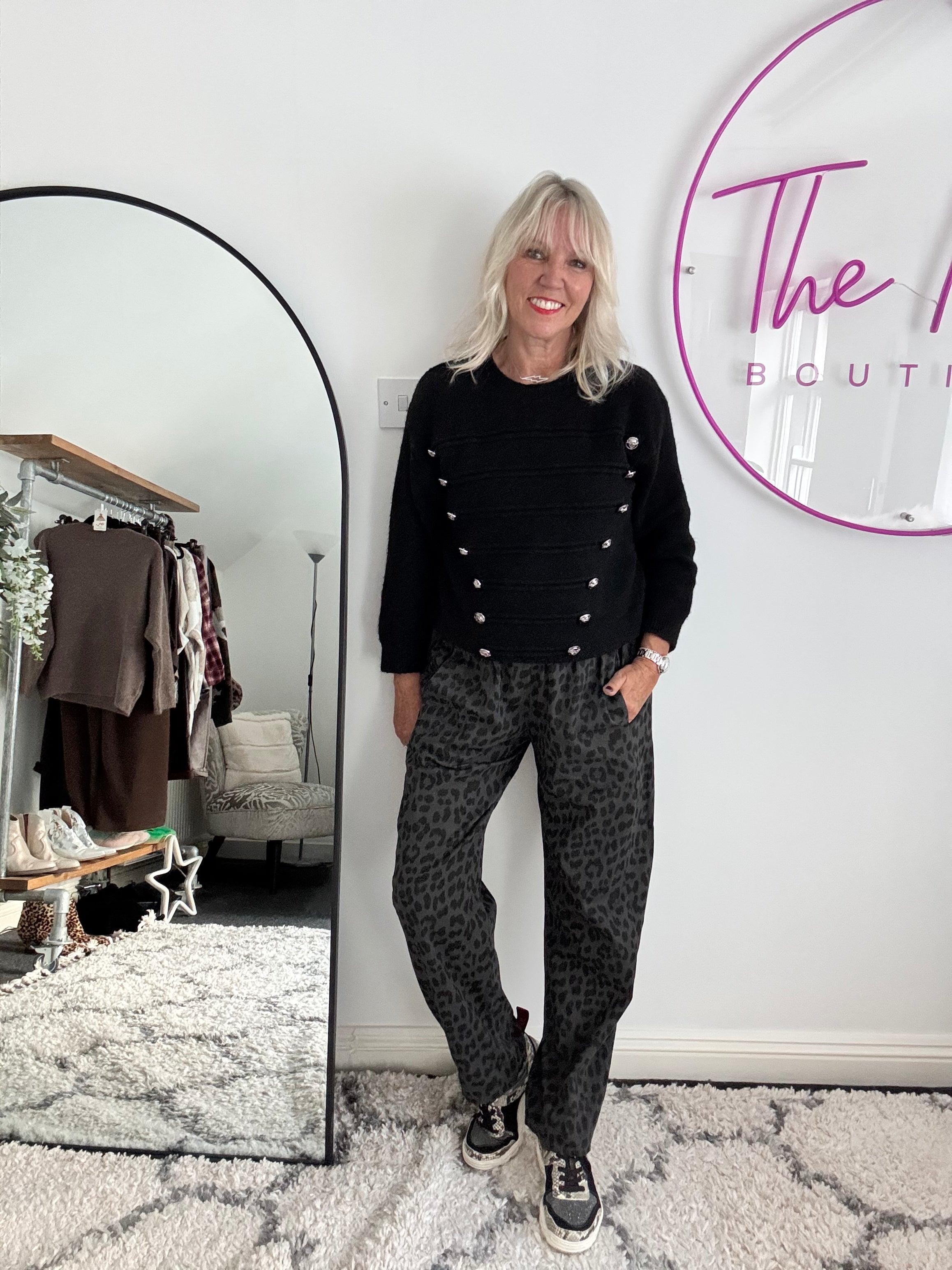 Animal Print Trousers in Charcoal Leopard