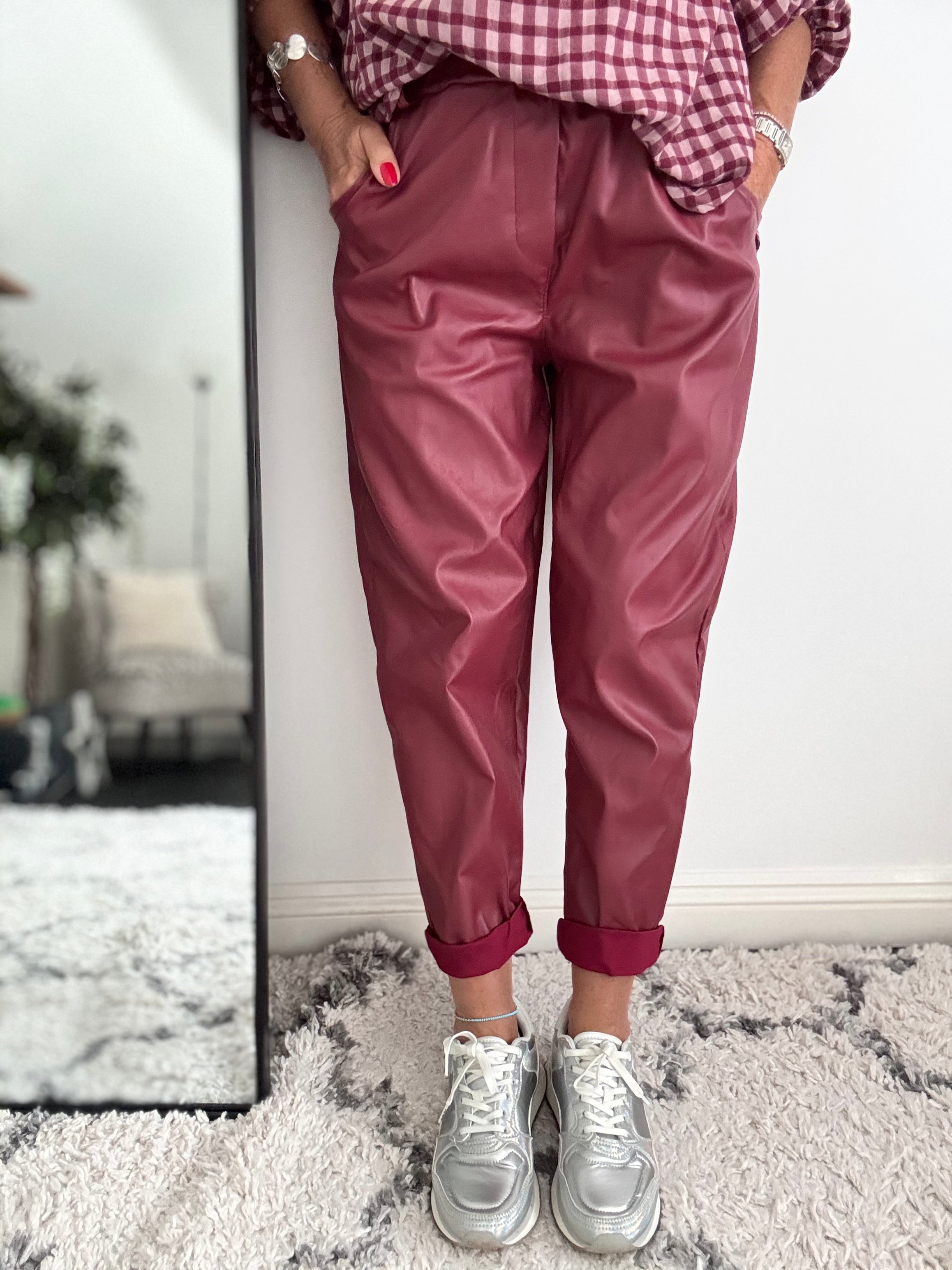 Super Stretch Waxed Barrel Trousers in Berry