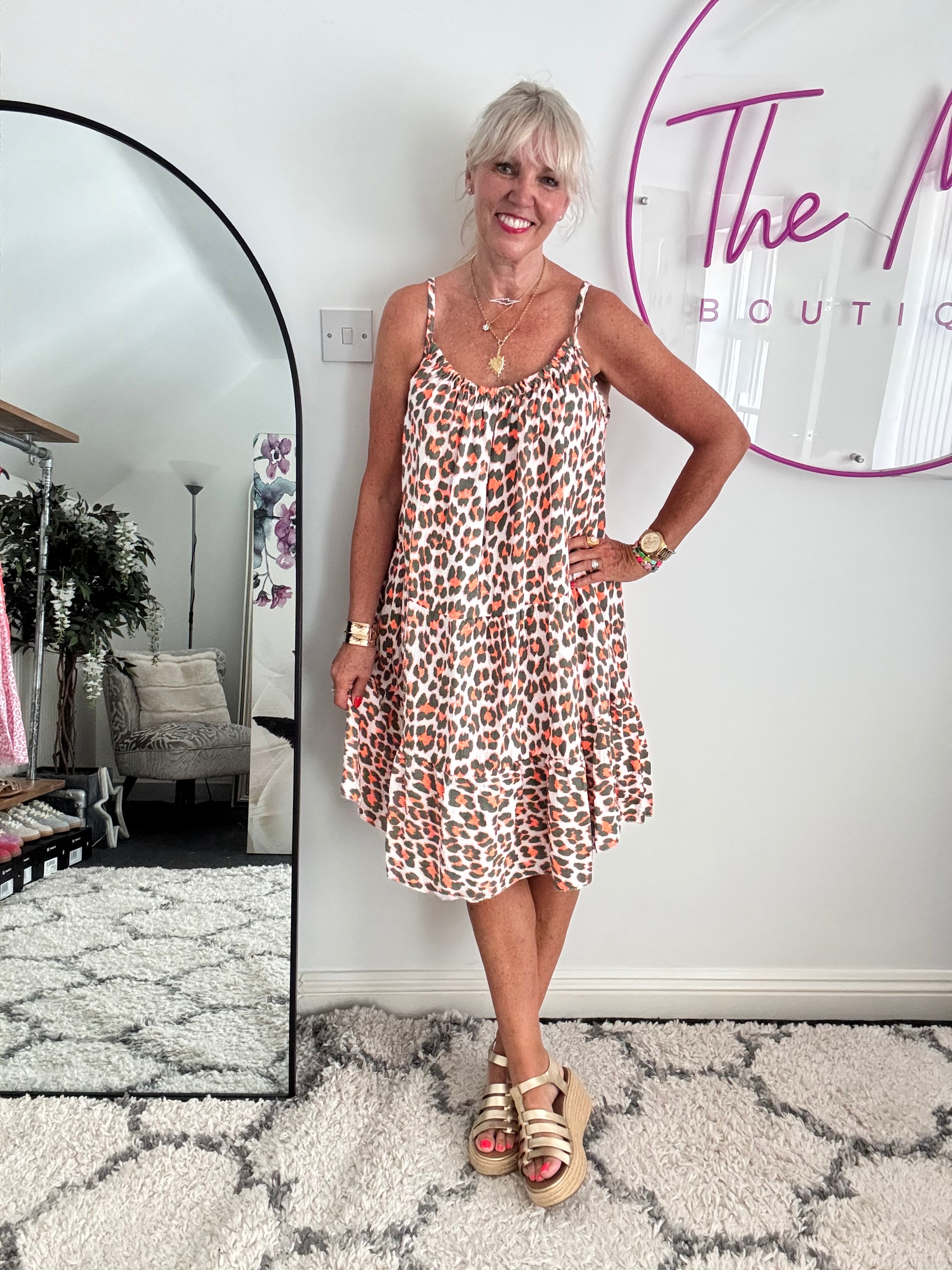 Leopard Cheesecloth Dress in Khaki & Orange