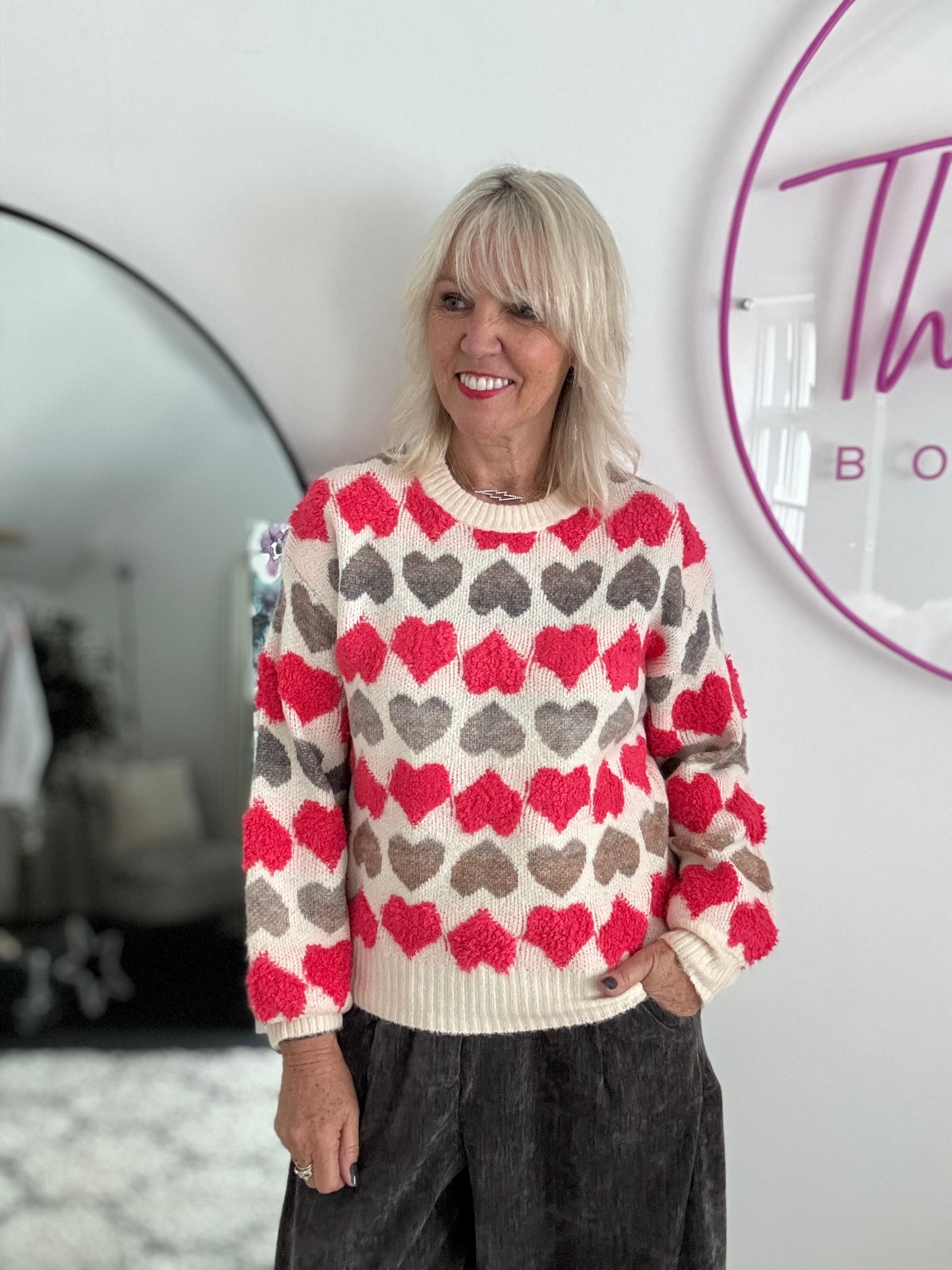 Hearts Sweater in Coral Red & Mocha