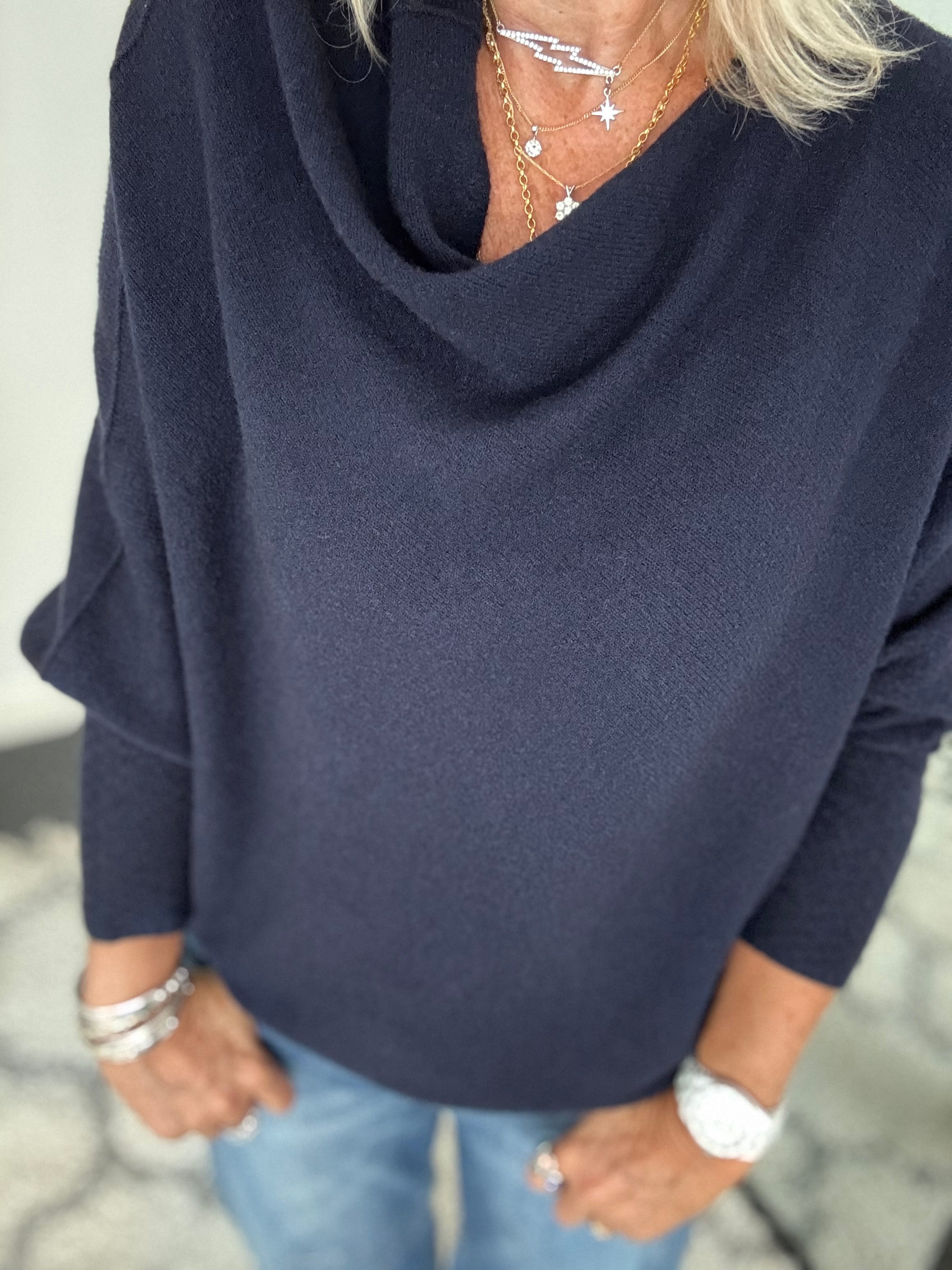 Cowl Neck Asymmetric Jumper in Ink