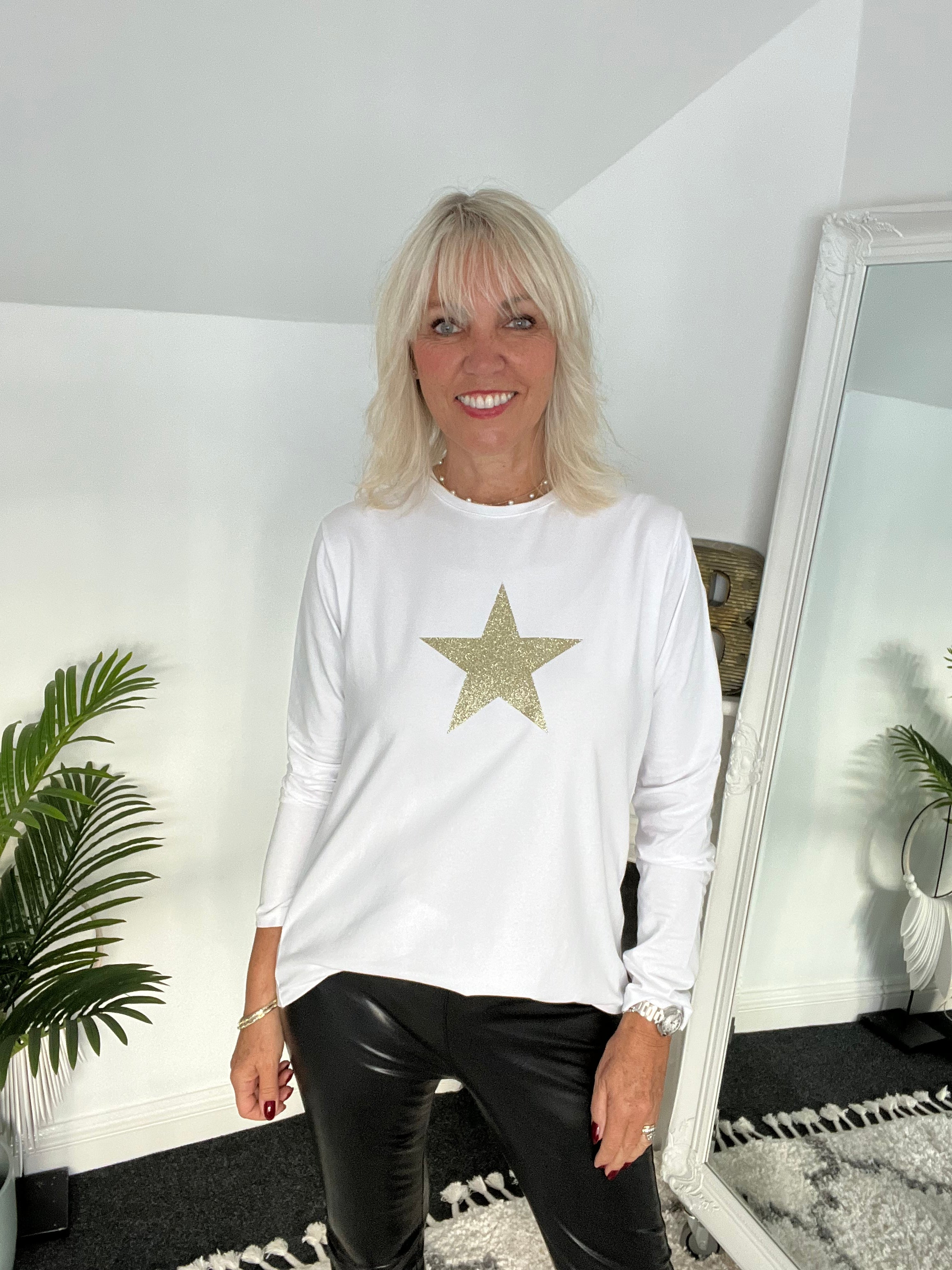 White Long Sleeve Top with Champagne Glitter Star