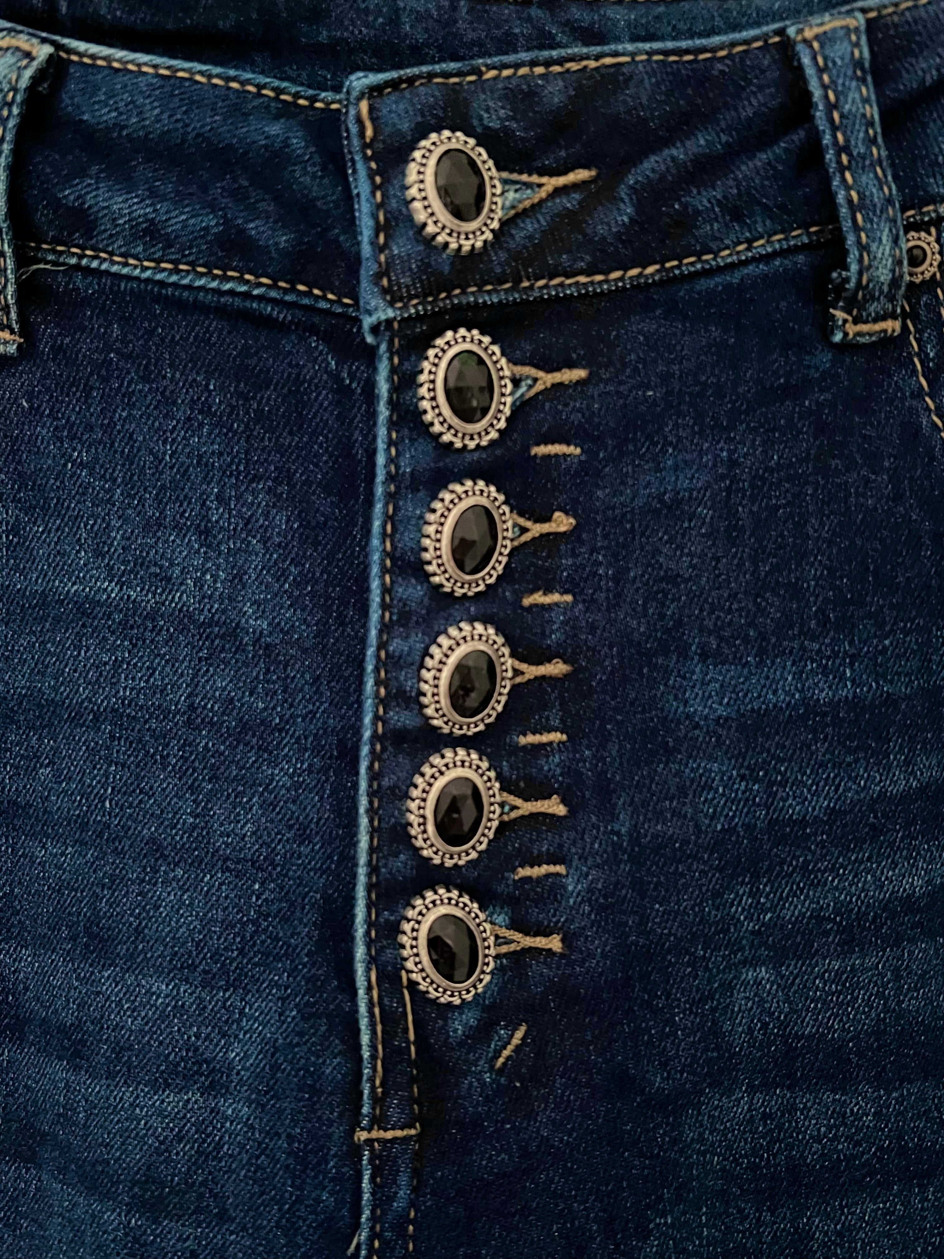 Decorative Button Fly Stretch Jeans in Denim